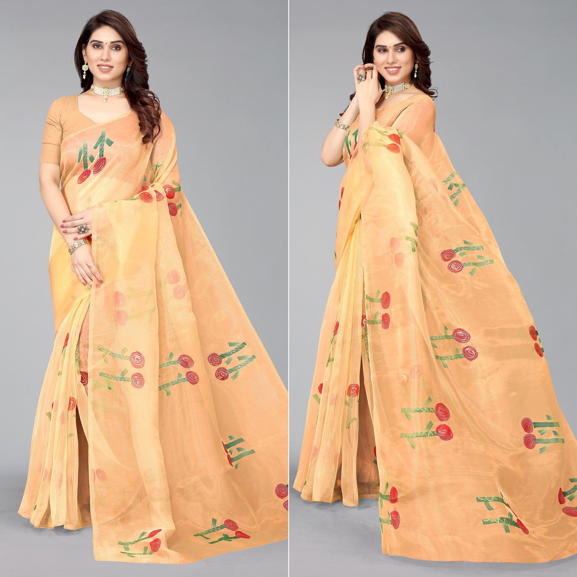 Orange Hand Printed Organza Saree - Peachmode