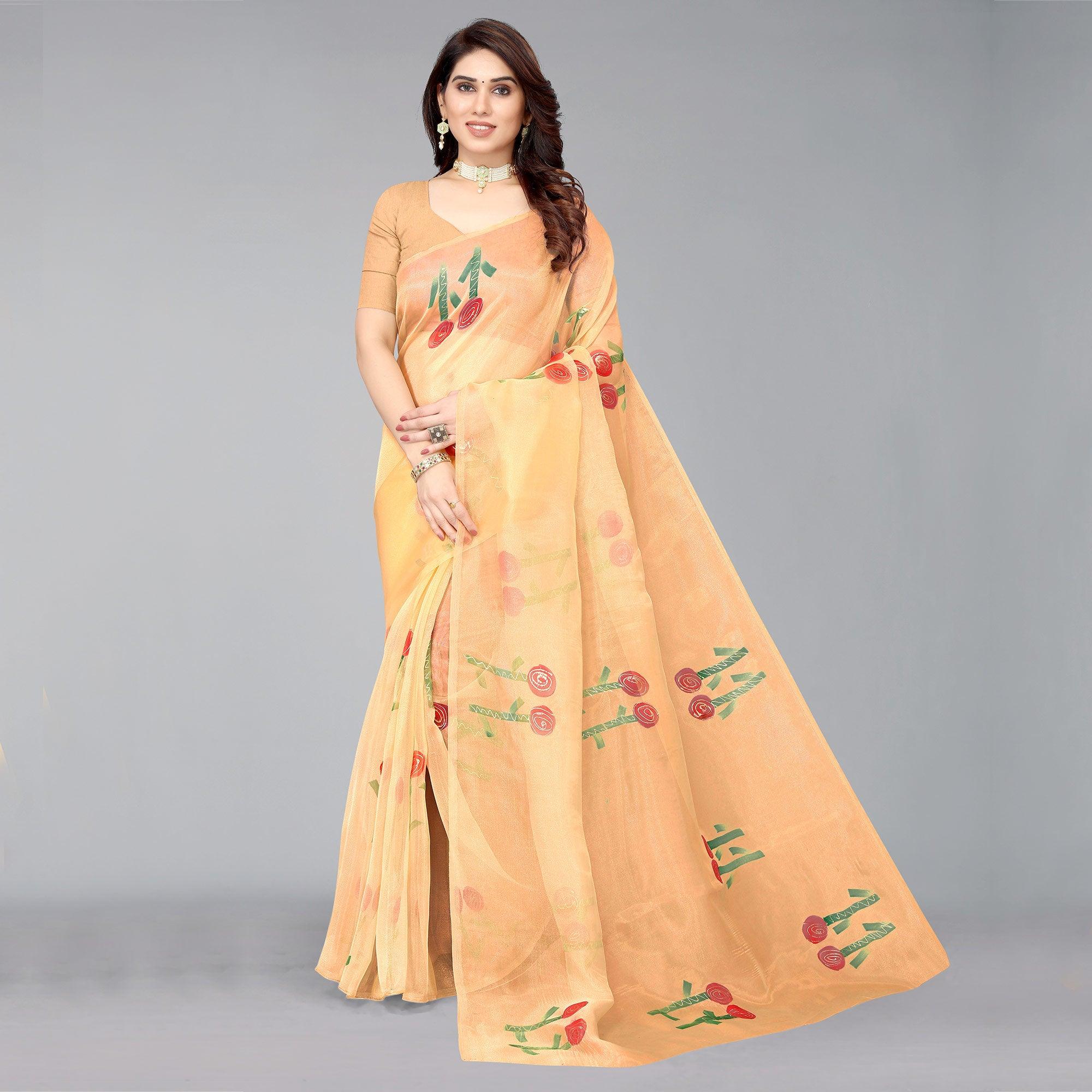 Orange Hand Printed Organza Saree - Peachmode