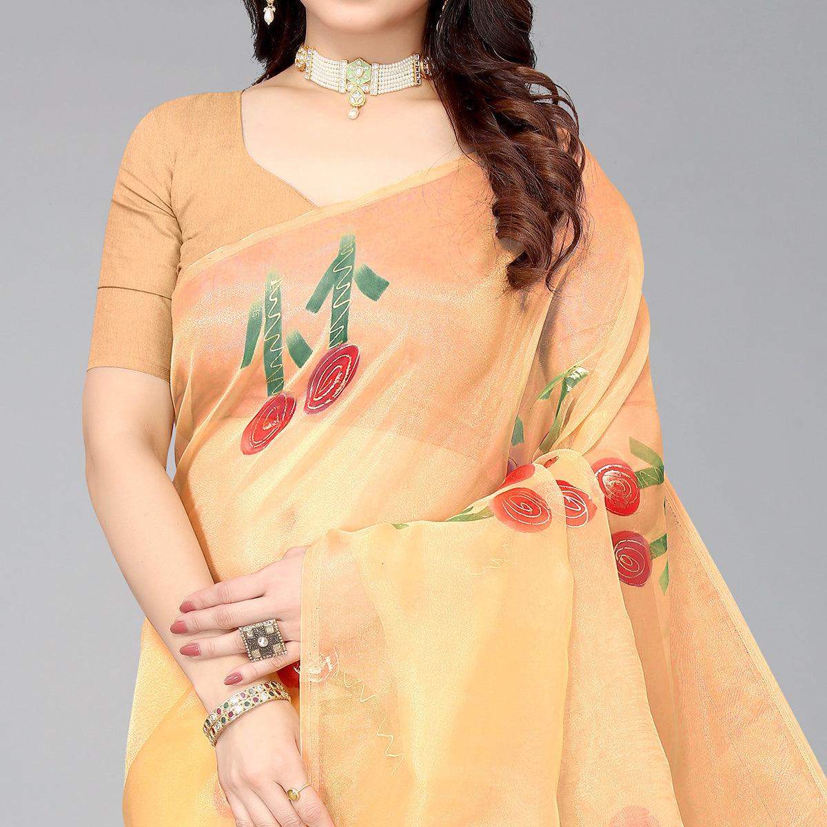 Orange Hand Printed Organza Saree - Peachmode