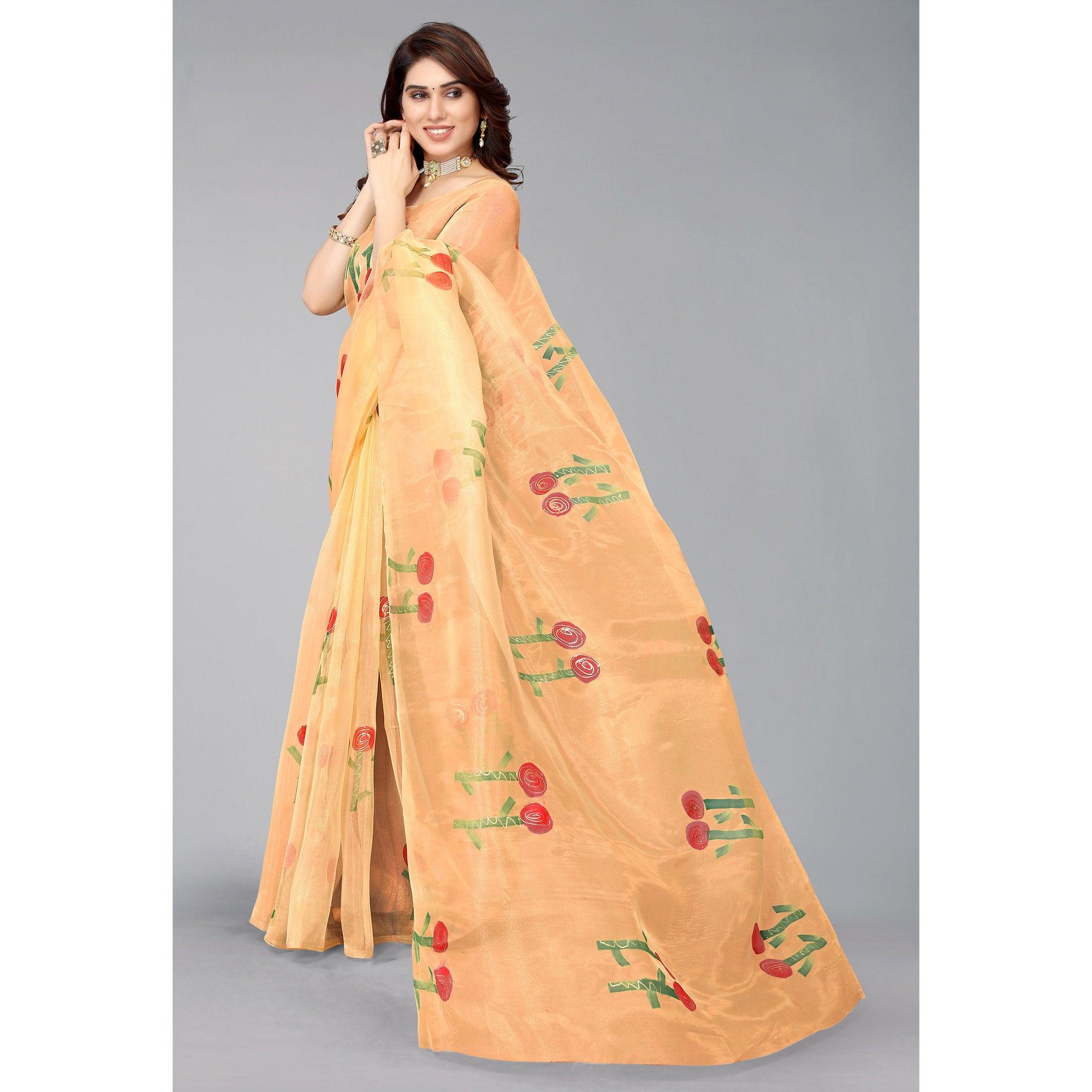 Orange Hand Printed Organza Saree - Peachmode