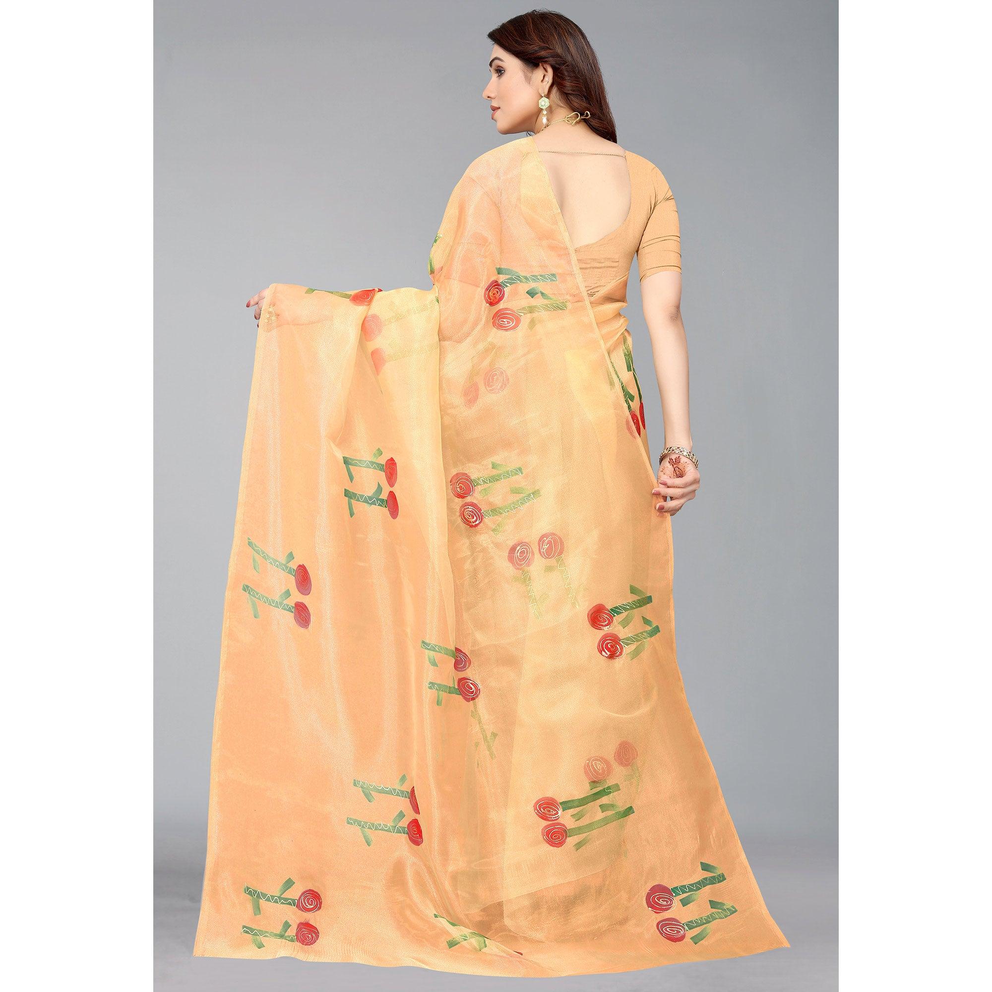 Orange Hand Printed Organza Saree - Peachmode