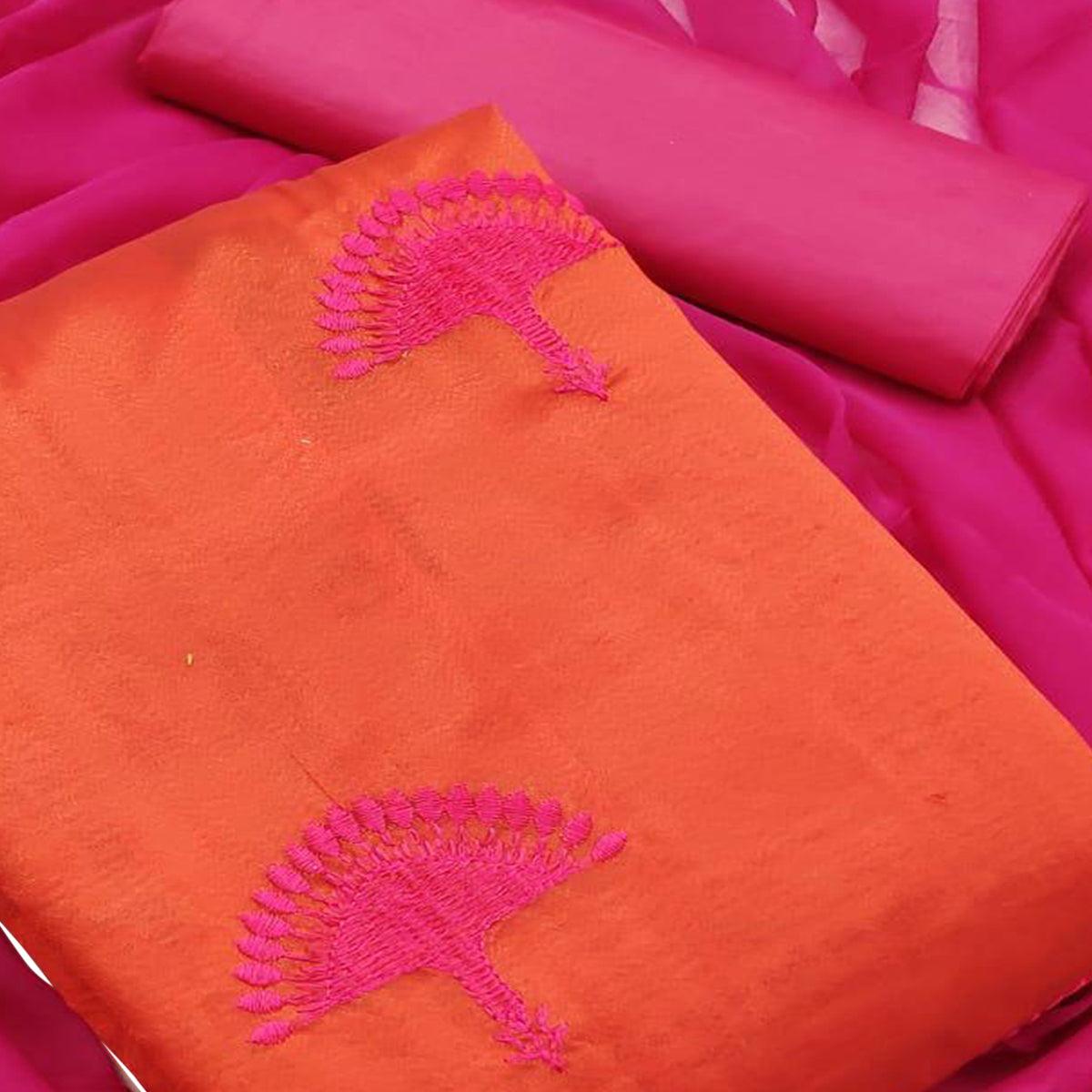 Orange - Hot Pink Embroidered Chanderi Dress Material - Peachmode