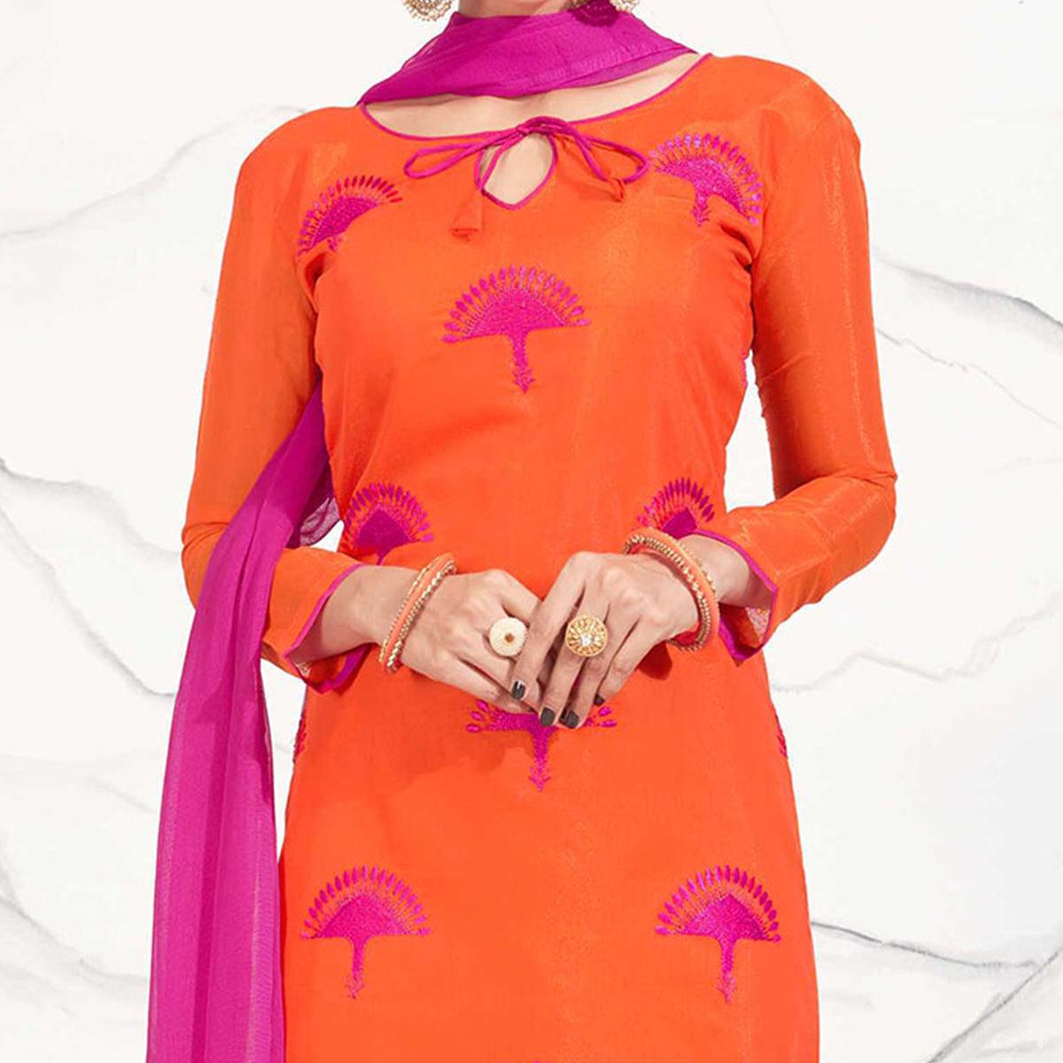 Orange - Hot Pink Embroidered Chanderi Dress Material - Peachmode