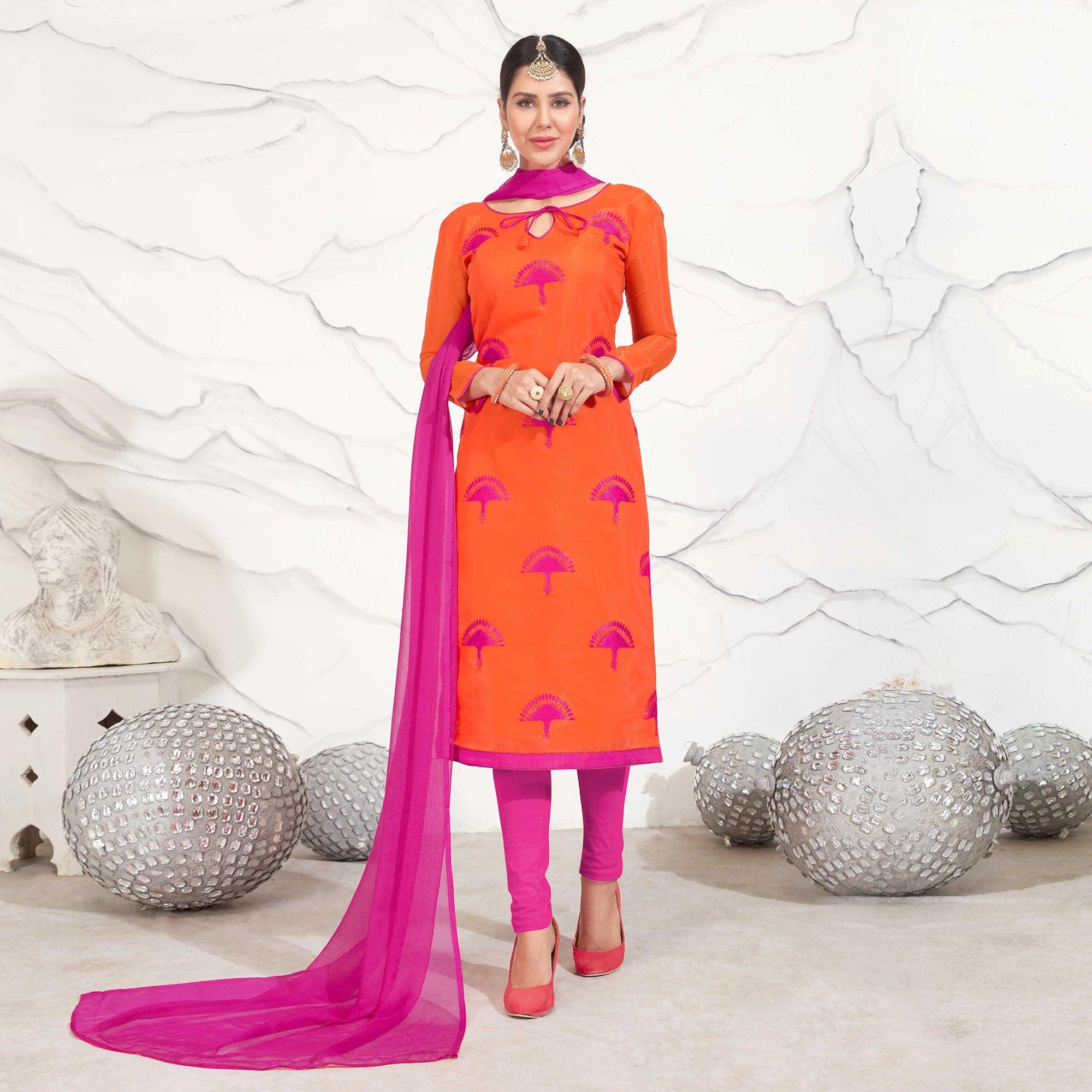 Orange - Hot Pink Embroidered Chanderi Dress Material - Peachmode