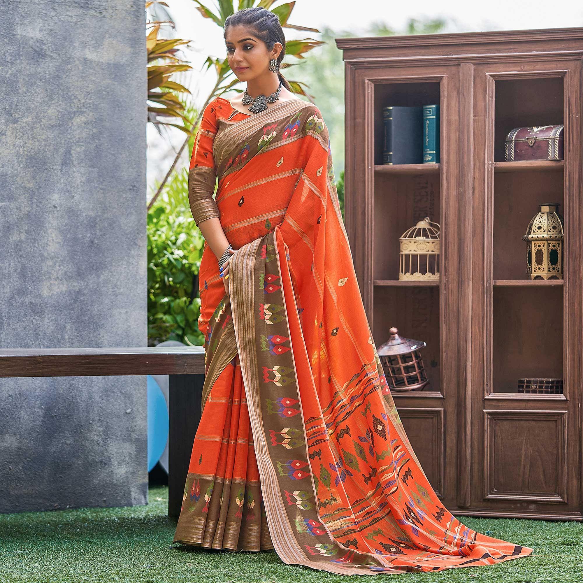 Orange Ikkat Printed Linen Saree - Peachmode