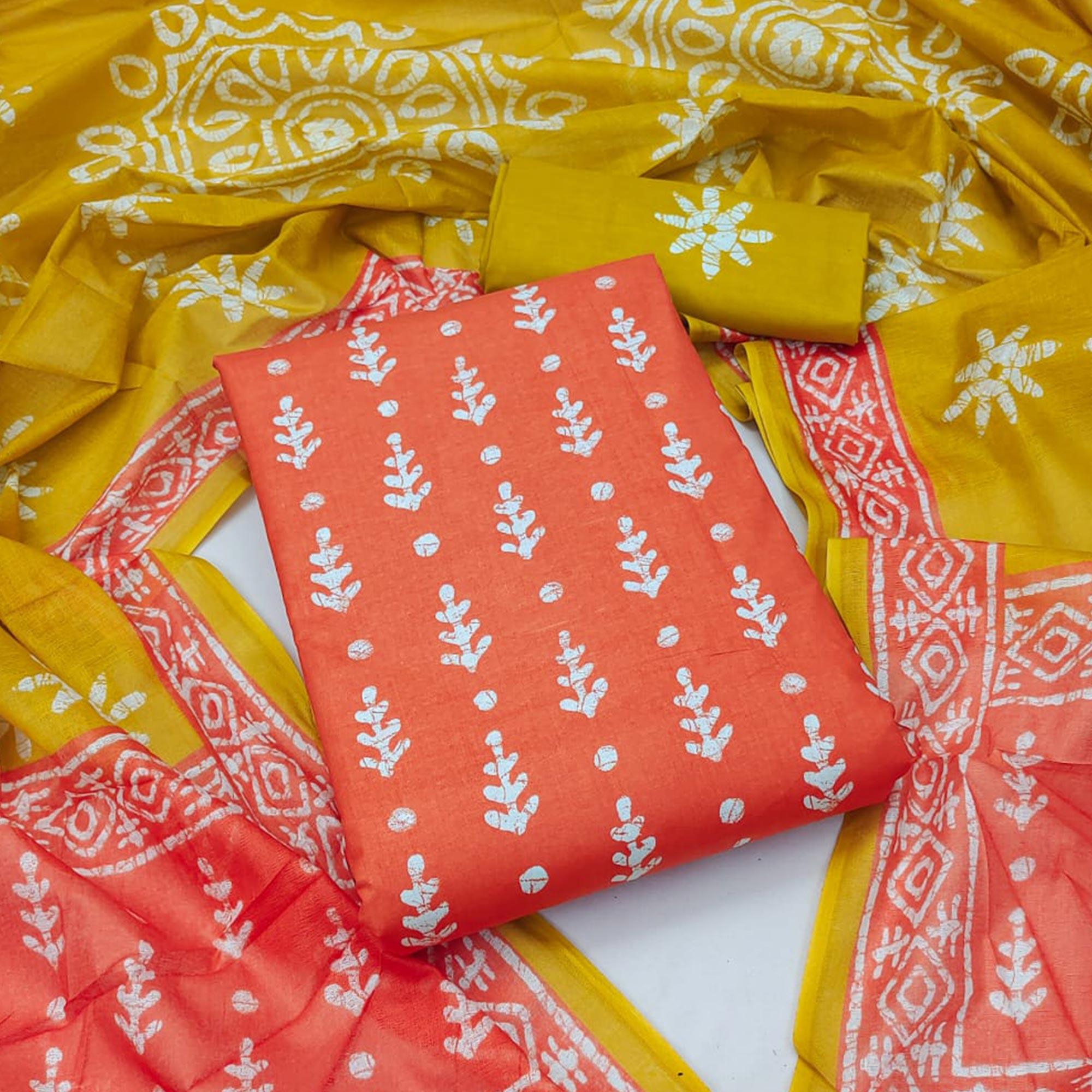 Orange Ikkat Printed Pure Cotton Dress Material - Peachmode