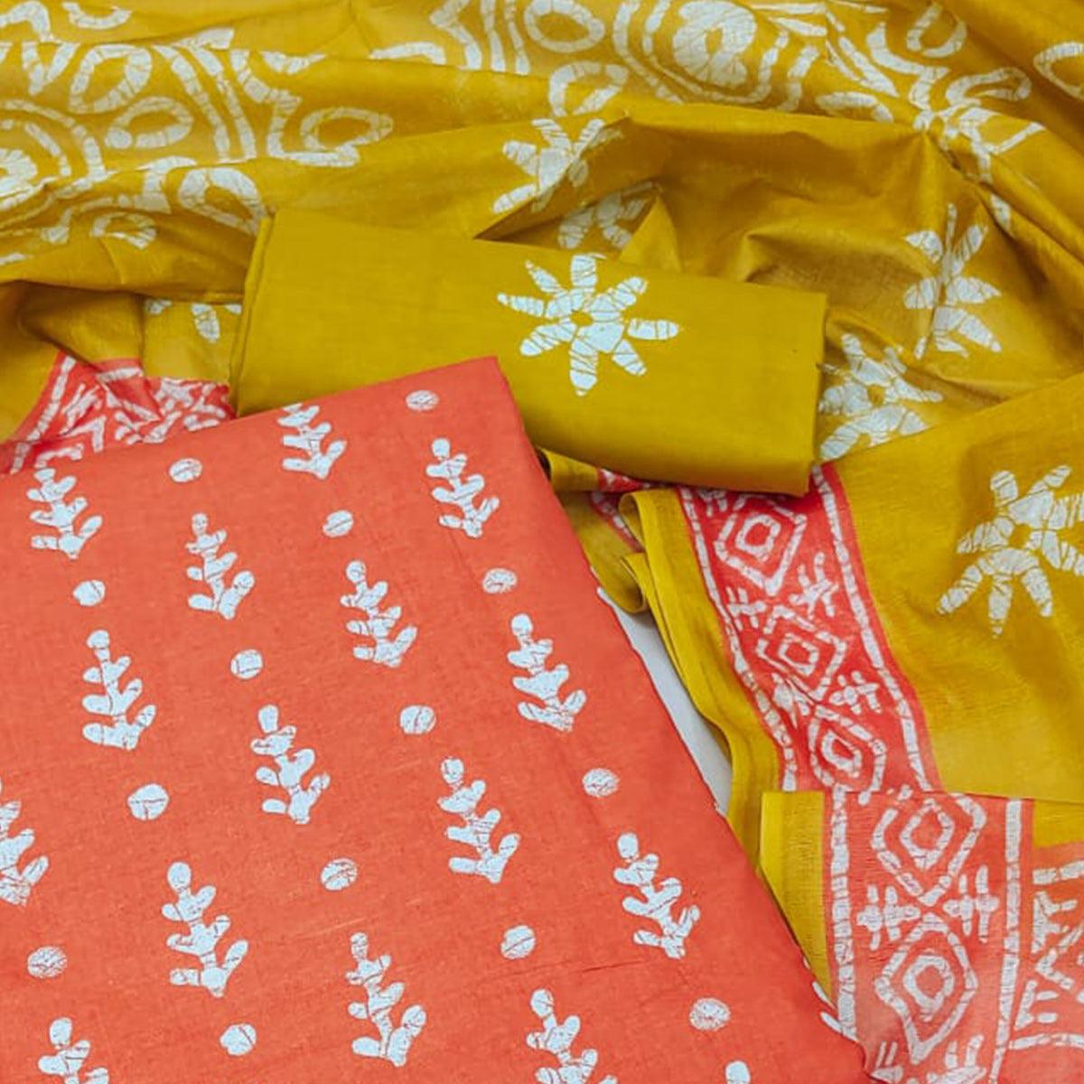 Orange Ikkat Printed Pure Cotton Dress Material - Peachmode