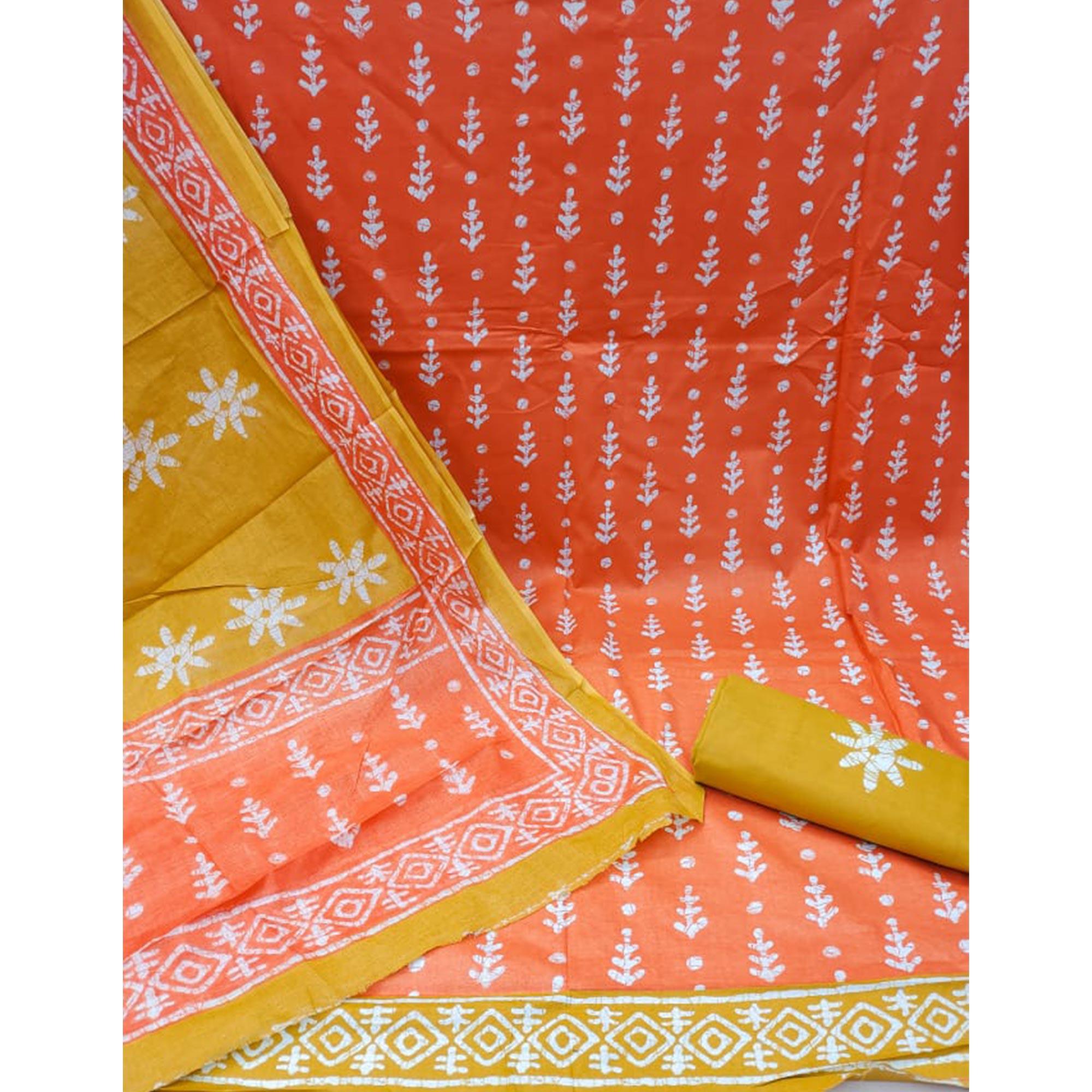 Orange Ikkat Printed Pure Cotton Dress Material - Peachmode