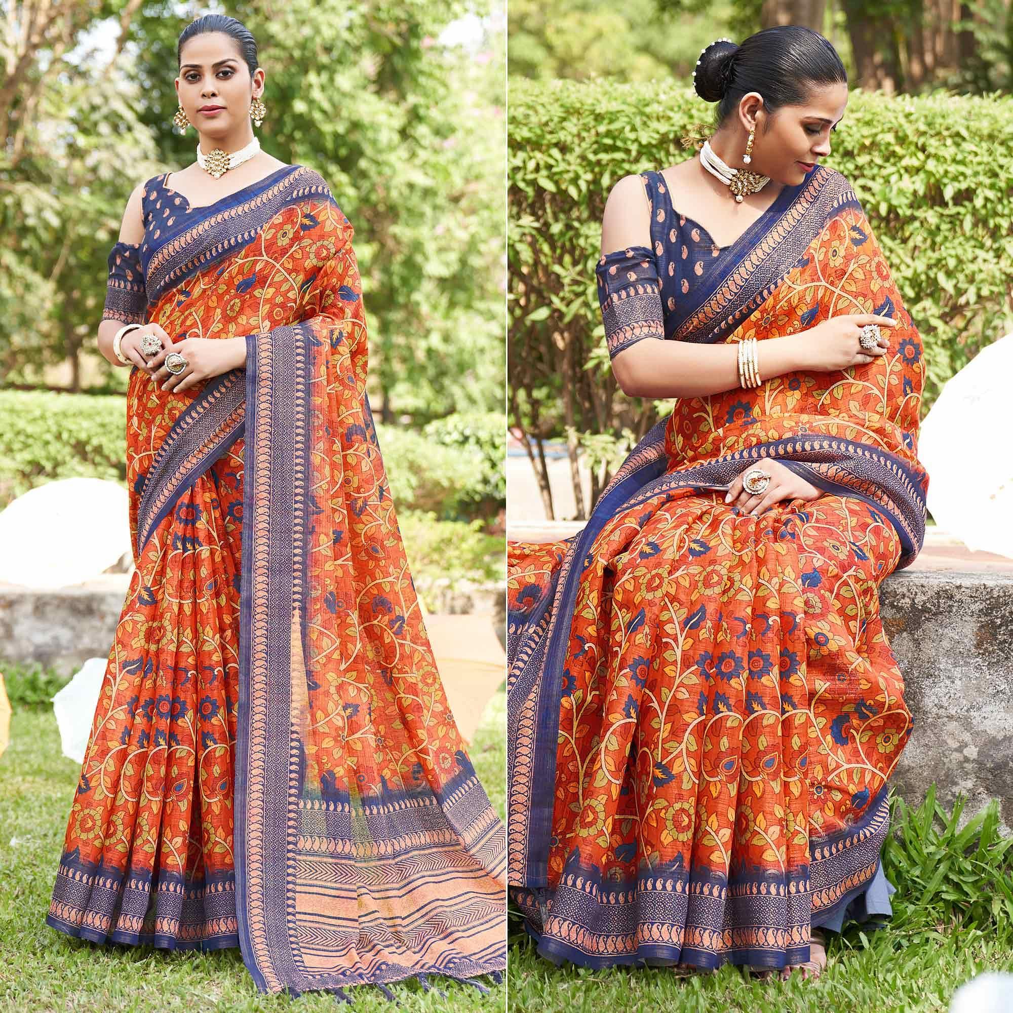 Orange Kalamkari Digital Printed Linen Saree With Tassels - Peachmode