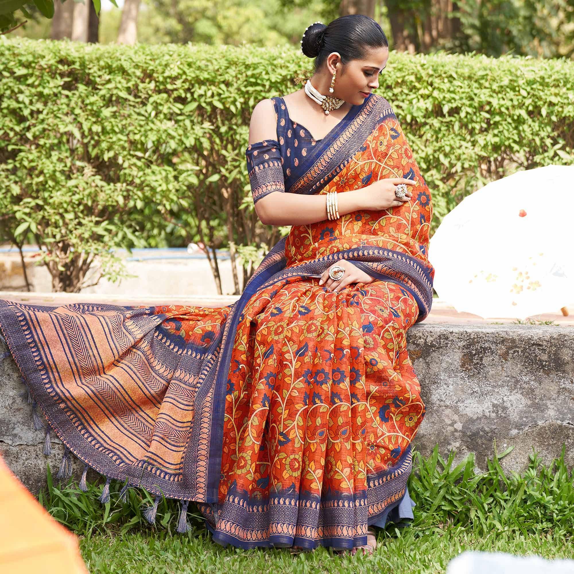 Orange Kalamkari Digital Printed Linen Saree With Tassels - Peachmode