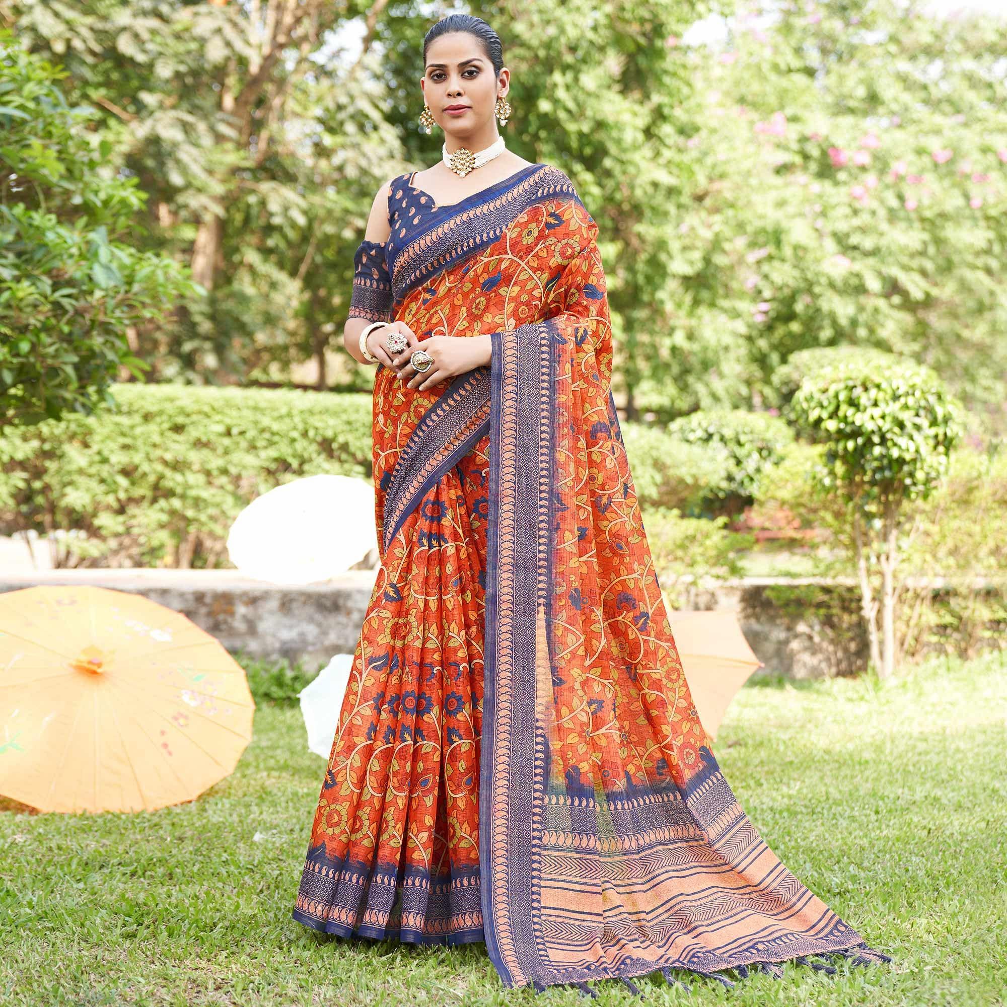 Orange Kalamkari Digital Printed Linen Saree With Tassels - Peachmode