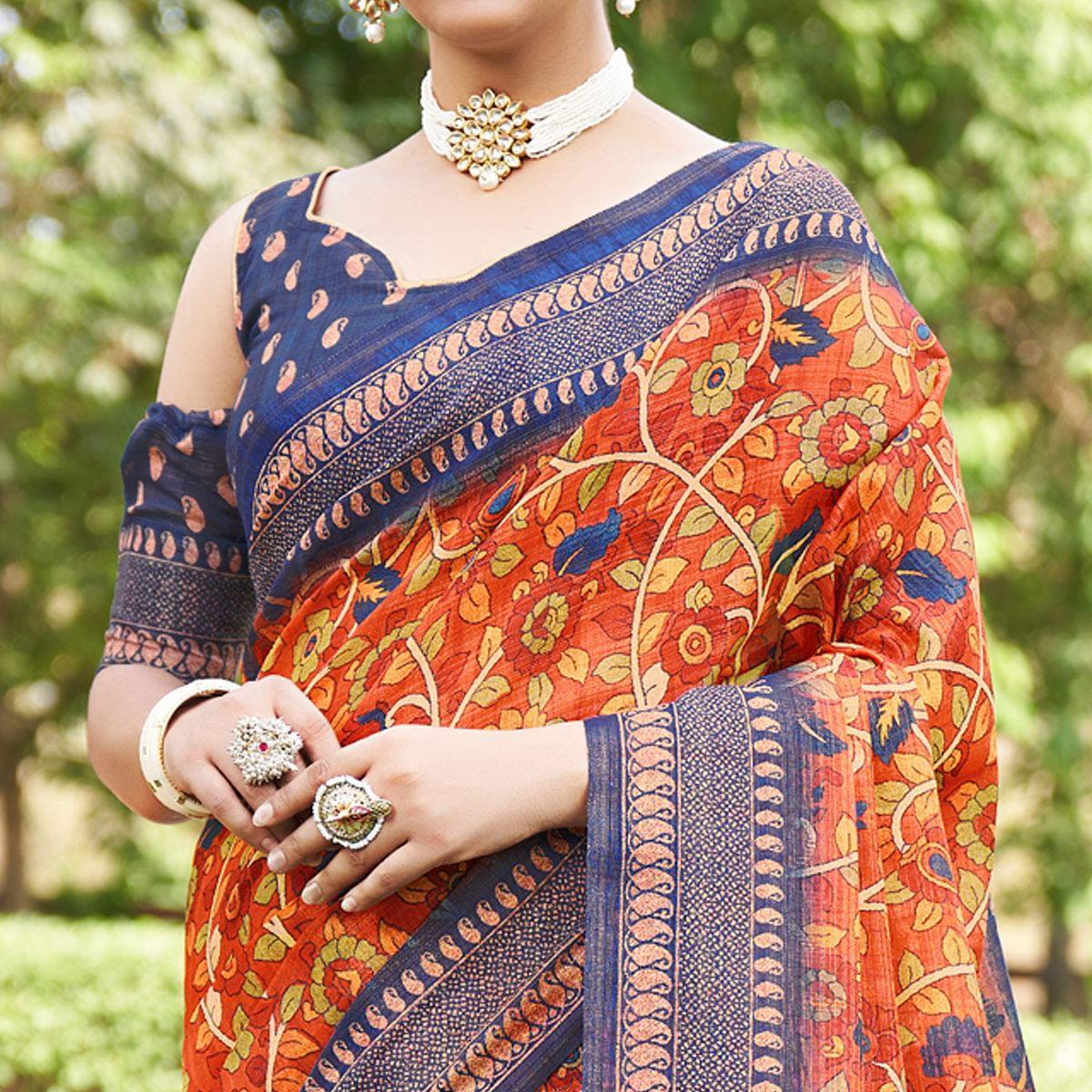 Orange Kalamkari Digital Printed Linen Saree With Tassels - Peachmode