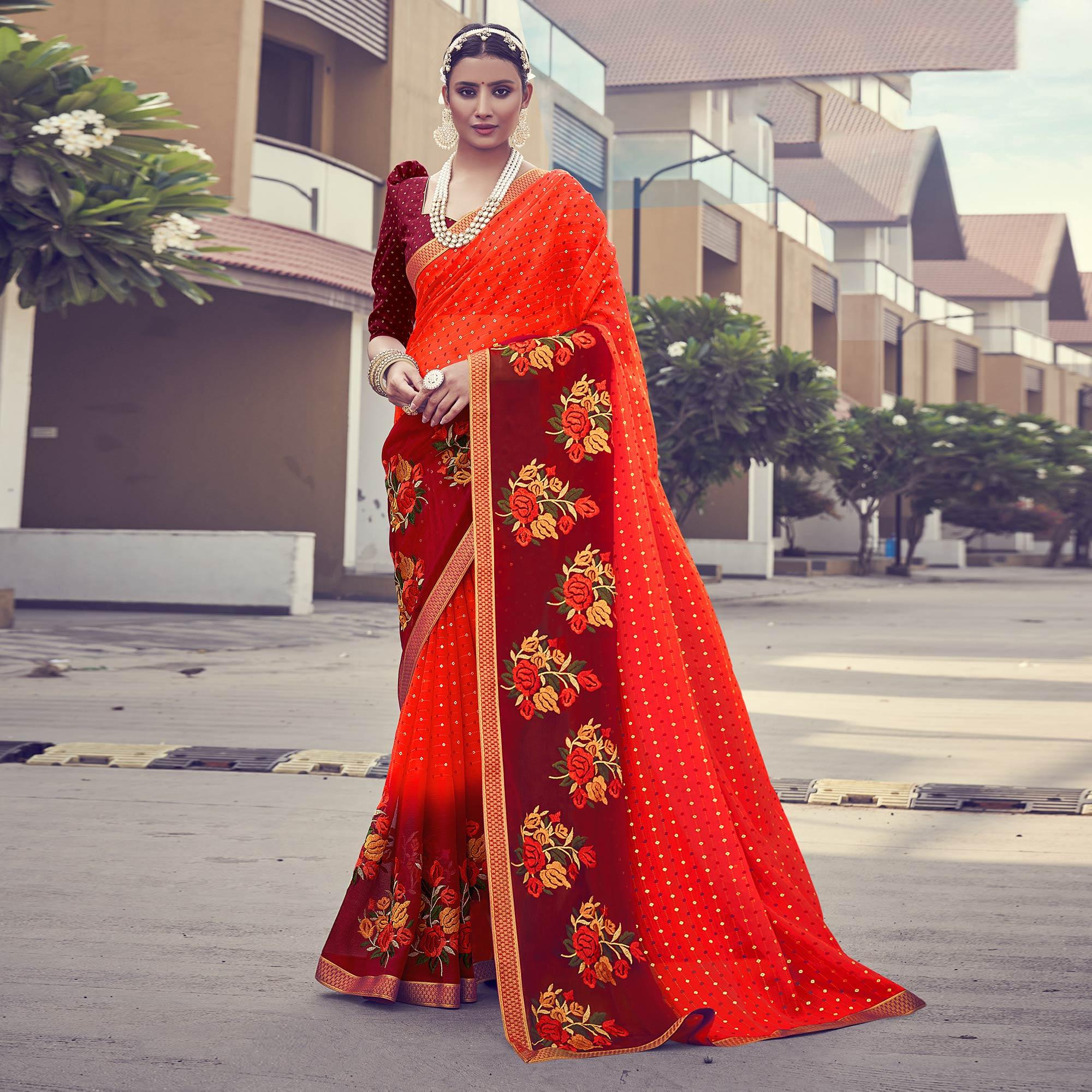 Orange - Maroon Floral Embroidered With Foil Printed Chiffon Half & Half Saree - Peachmode