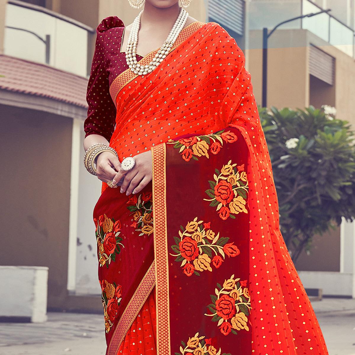 Orange - Maroon Floral Embroidered With Foil Printed Chiffon Half & Half Saree - Peachmode