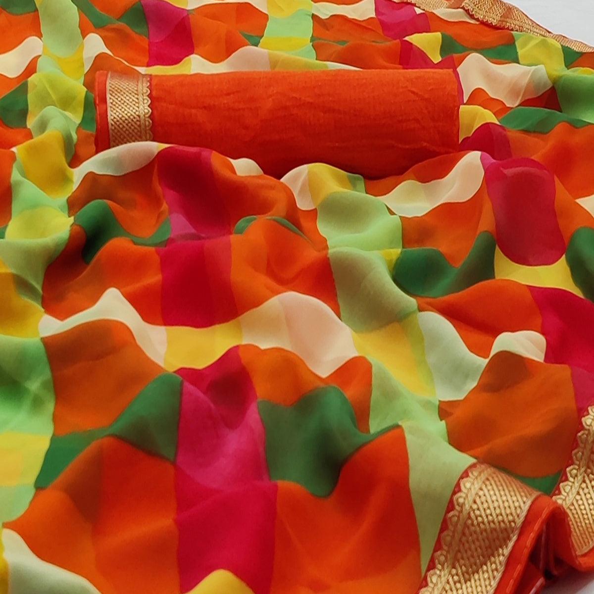 Orange - Multicolored Printed Georgette Saree With Fancy lace Border - Peachmode