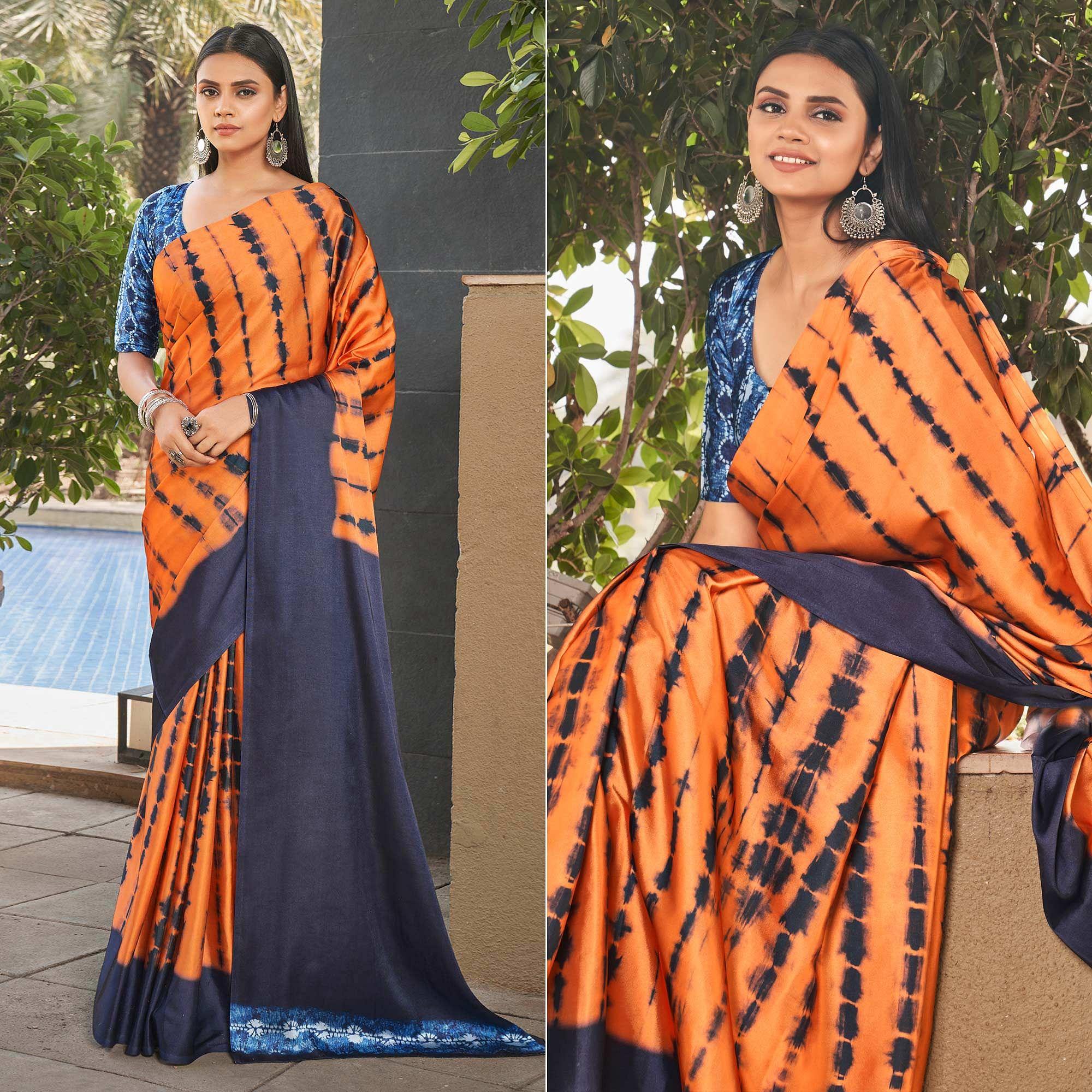Orange-Navy Blue Casual Wear Printed Satin Silk Saree - Peachmode