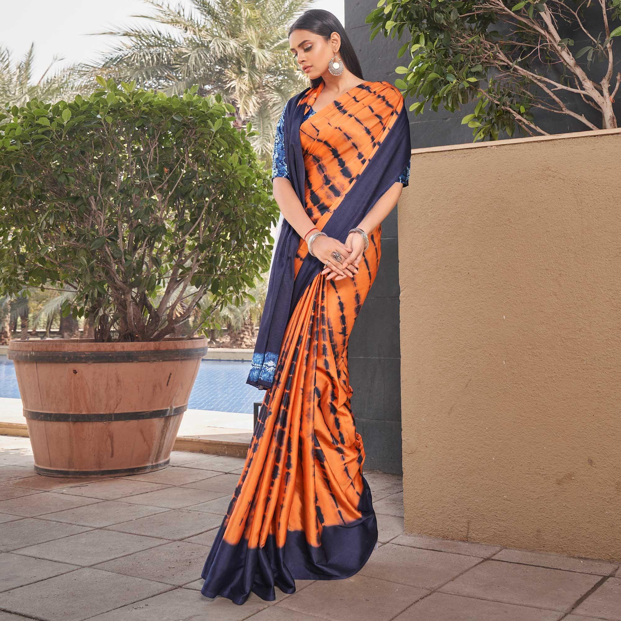 Orange-Navy Blue Casual Wear Printed Satin Silk Saree - Peachmode