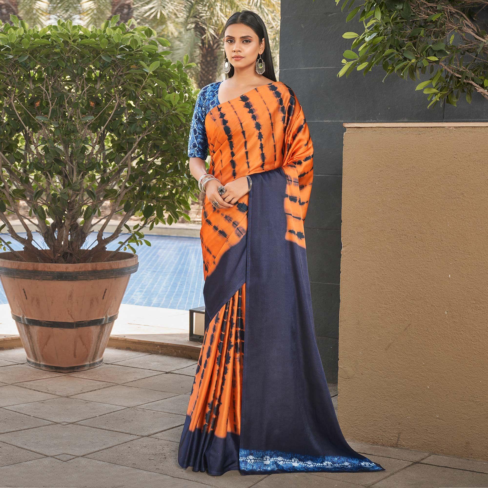 Orange-Navy Blue Casual Wear Printed Satin Silk Saree - Peachmode