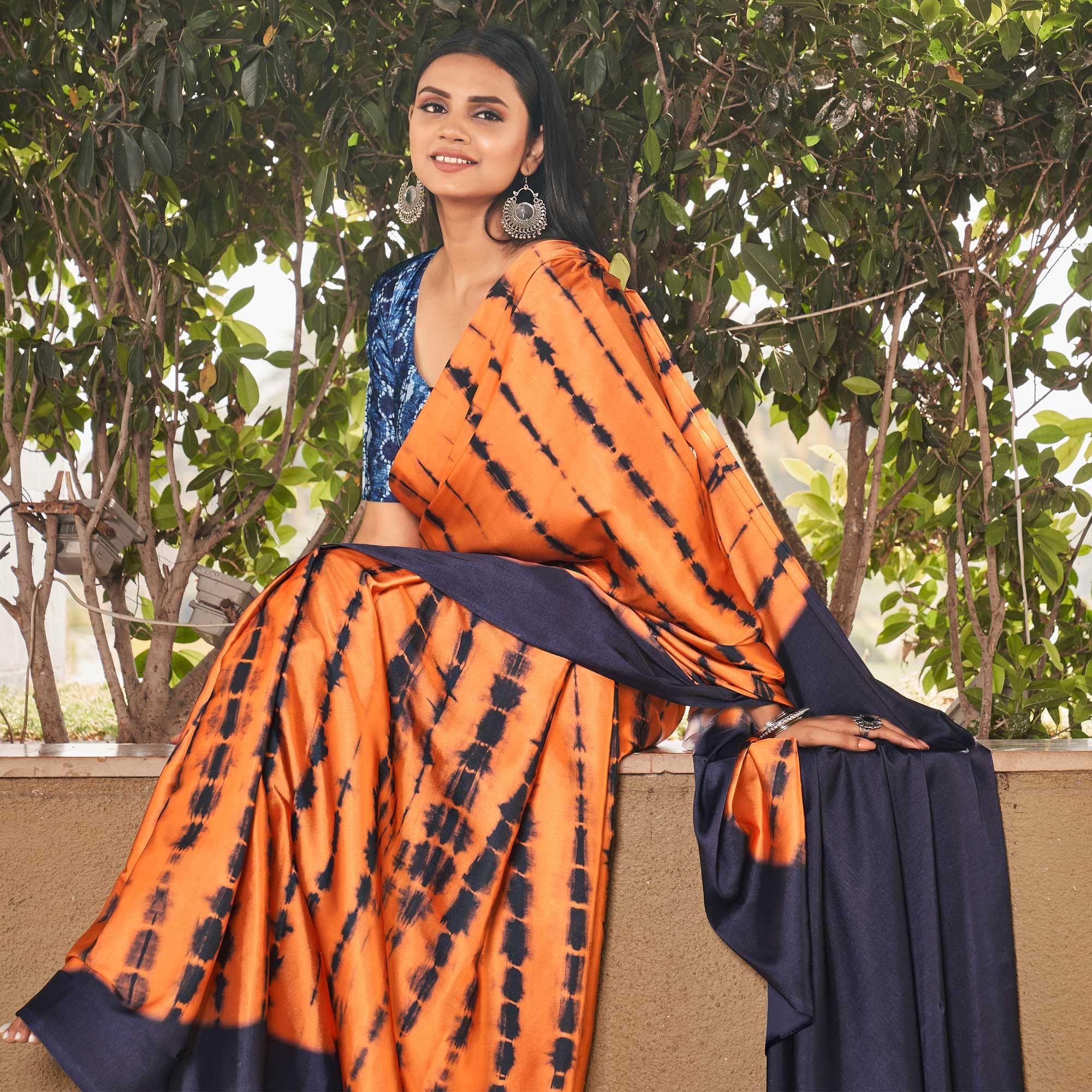Orange-Navy Blue Casual Wear Printed Satin Silk Saree - Peachmode
