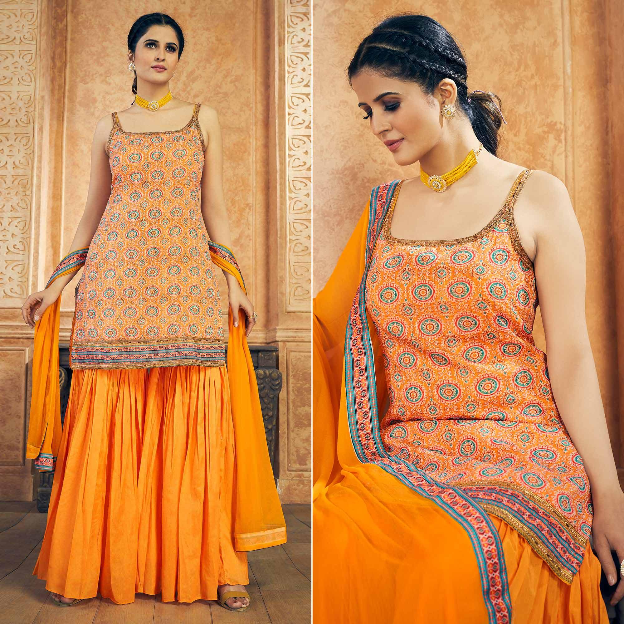 Orange Party Wear Embroiddered Chiffon Sharara Suit - Peachmode