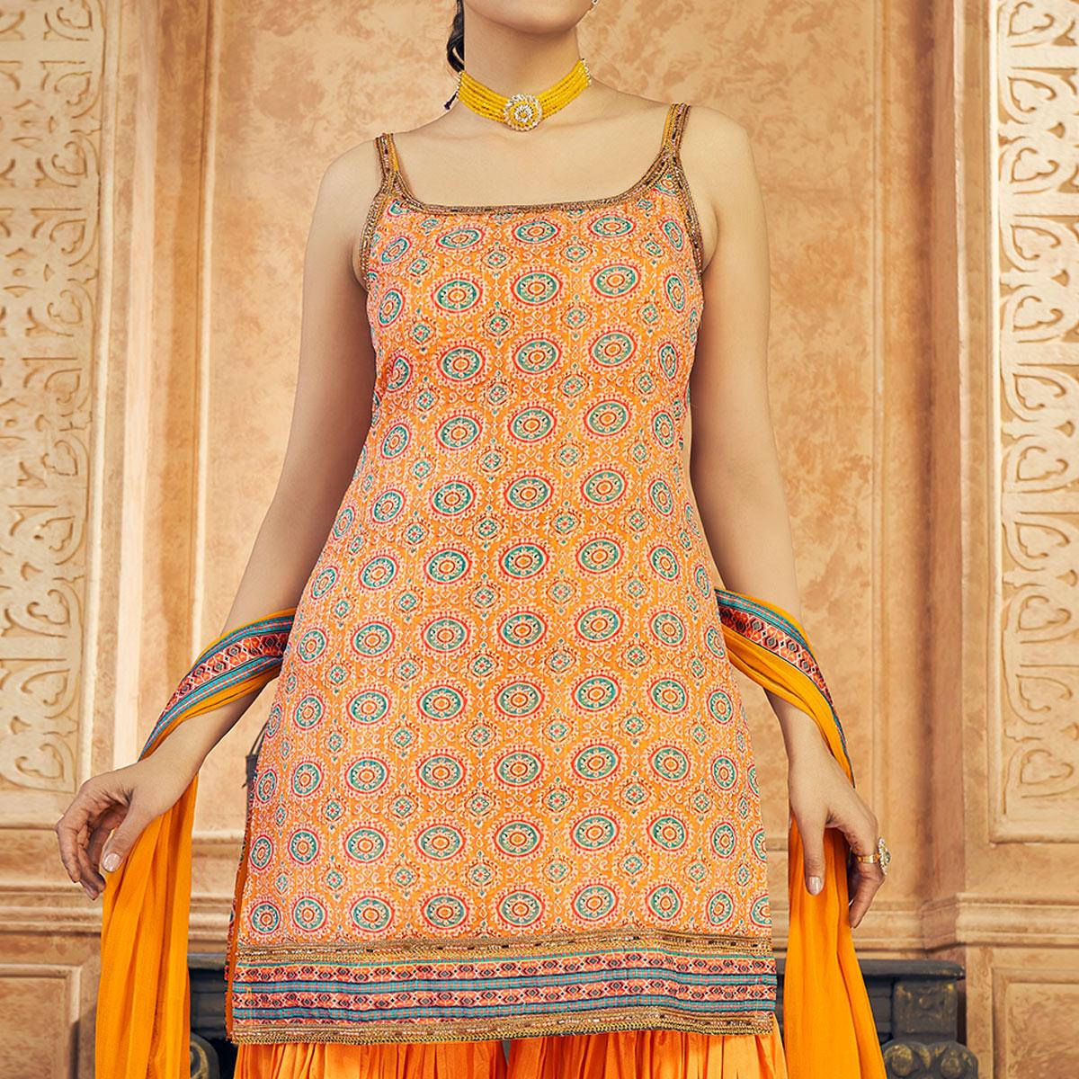 Orange Party Wear Embroiddered Chiffon Sharara Suit - Peachmode