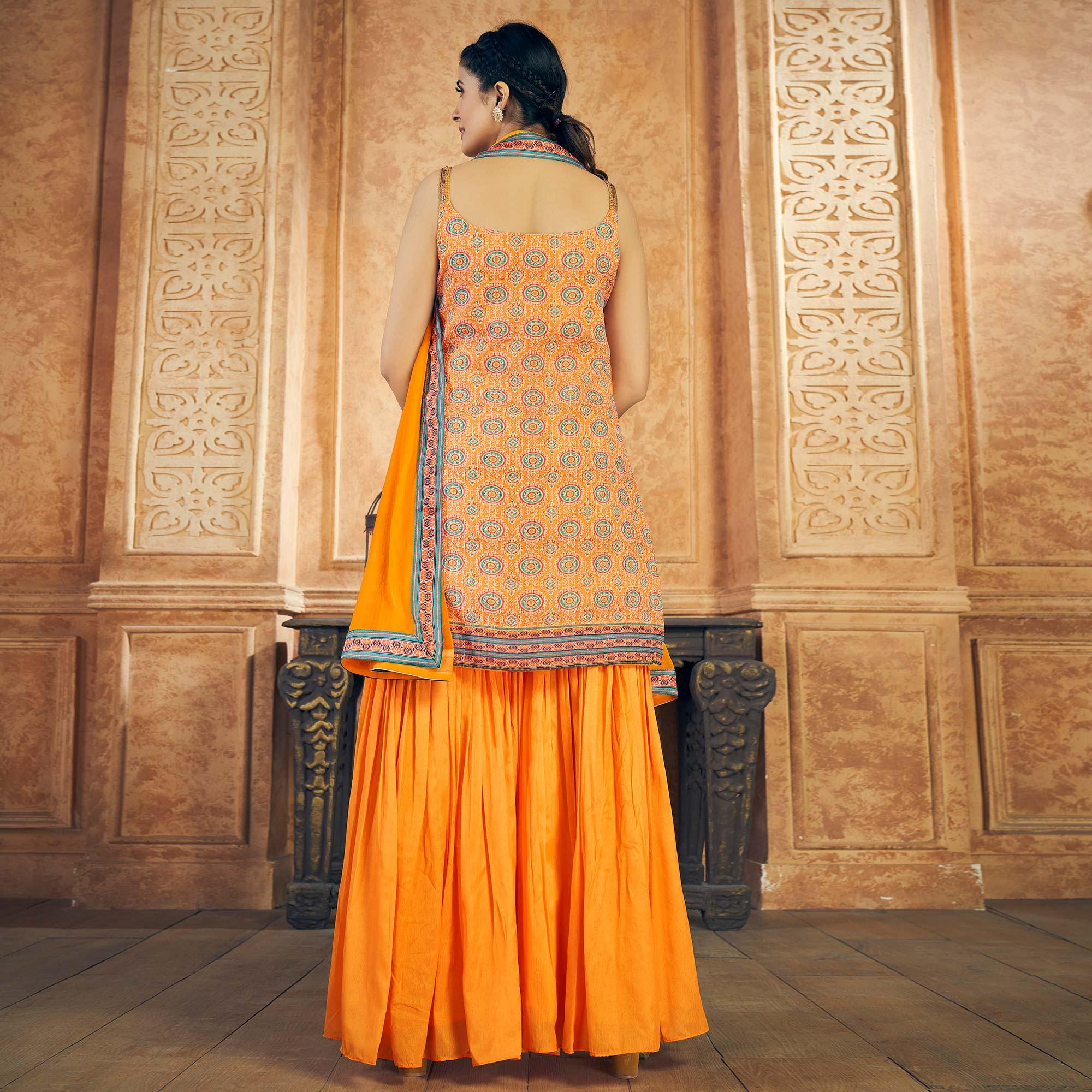 Orange Party Wear Embroiddered Chiffon Sharara Suit - Peachmode