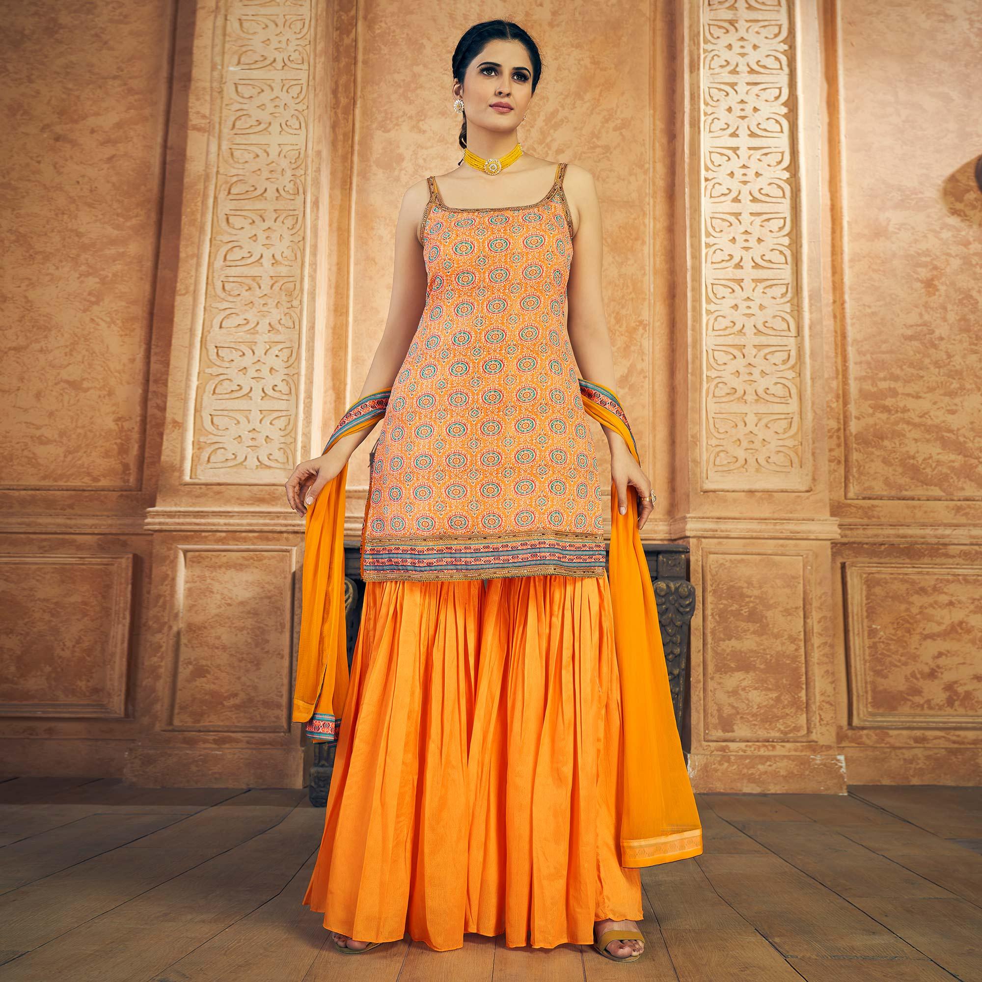 Orange Party Wear Embroiddered Chiffon Sharara Suit - Peachmode