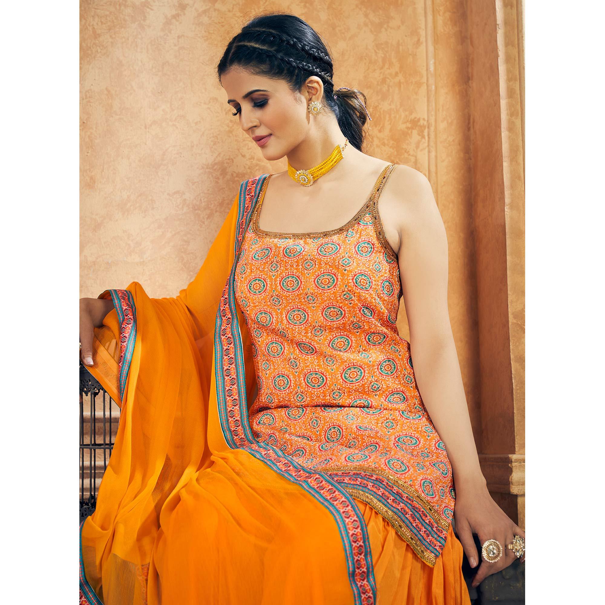 Orange Party Wear Embroiddered Chiffon Sharara Suit - Peachmode