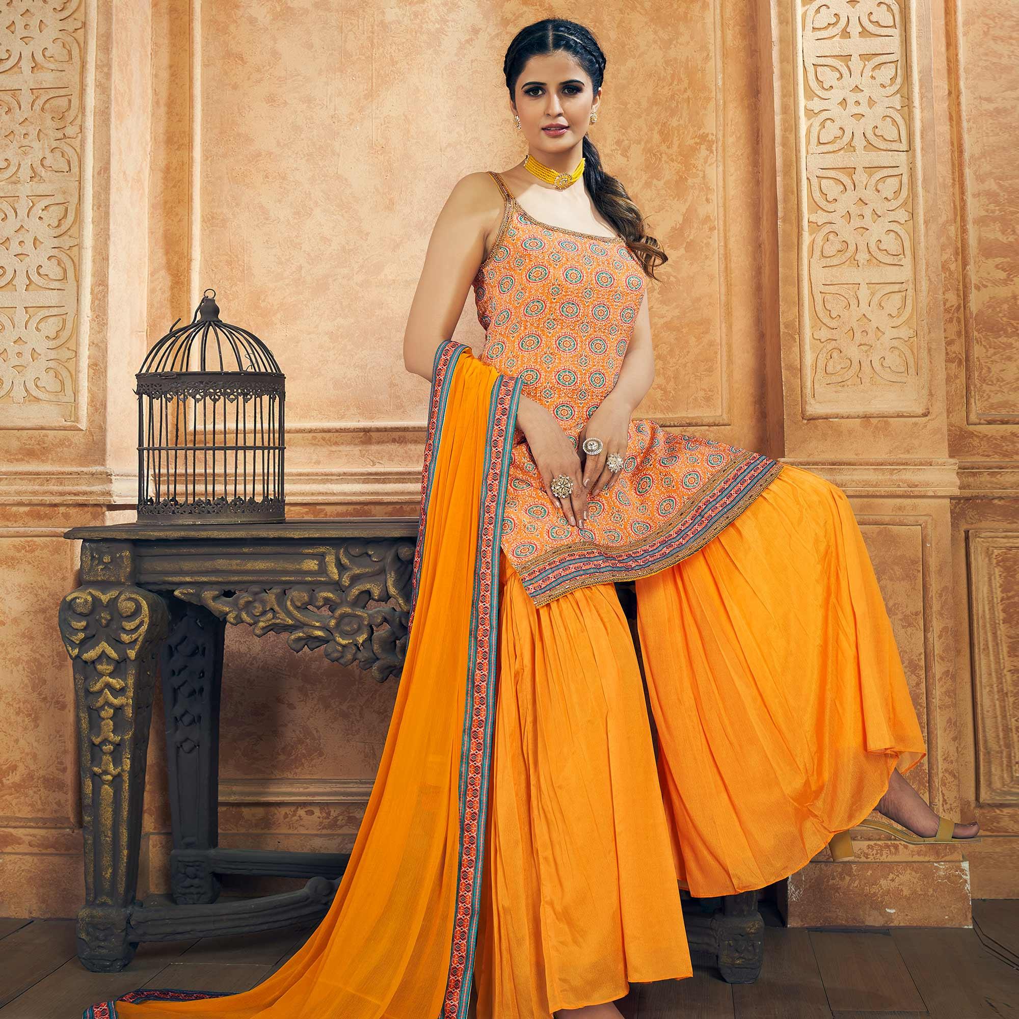 Orange Party Wear Embroiddered Chiffon Sharara Suit - Peachmode