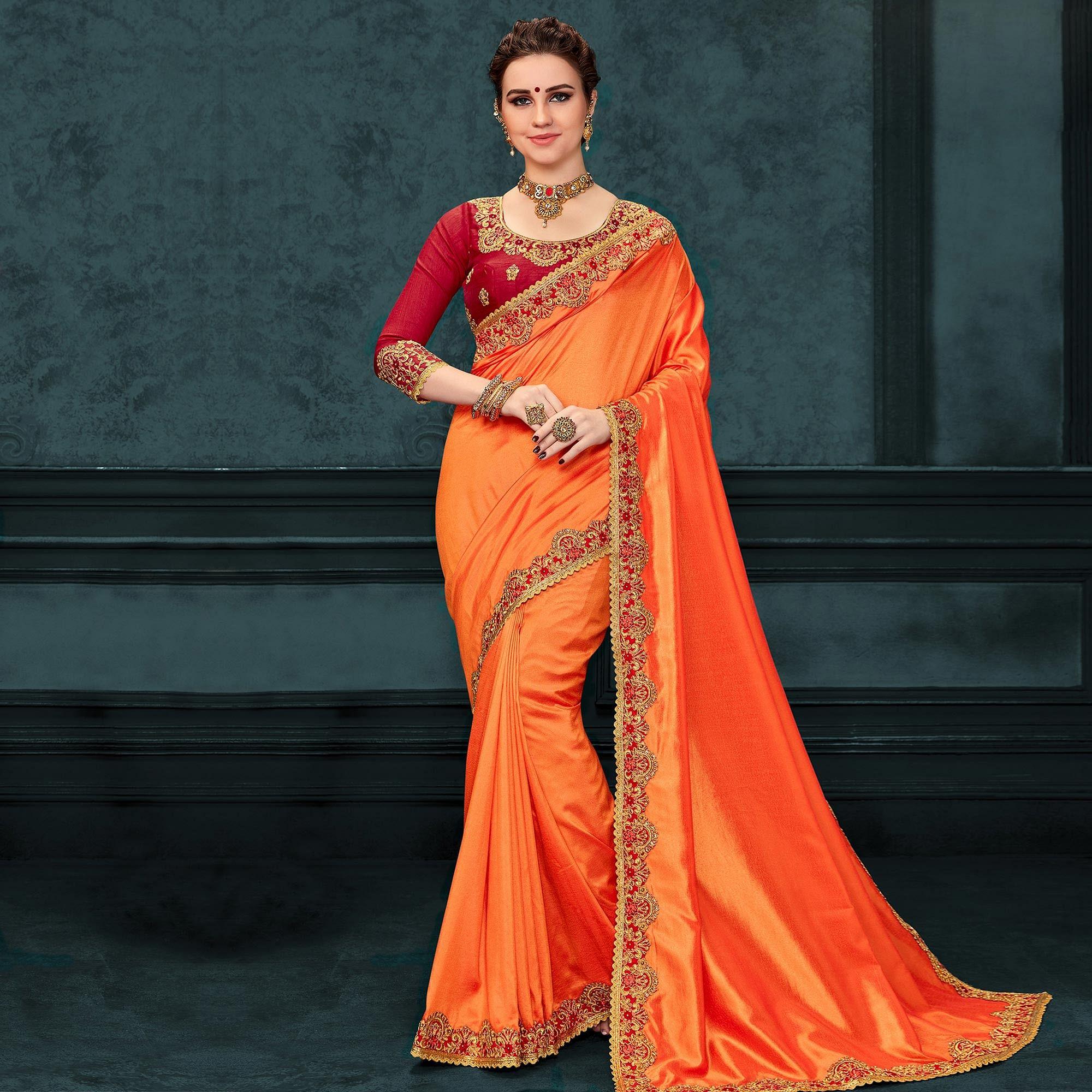 Orange Party Wear Heavy Border Work Silk Saree - Peachmode