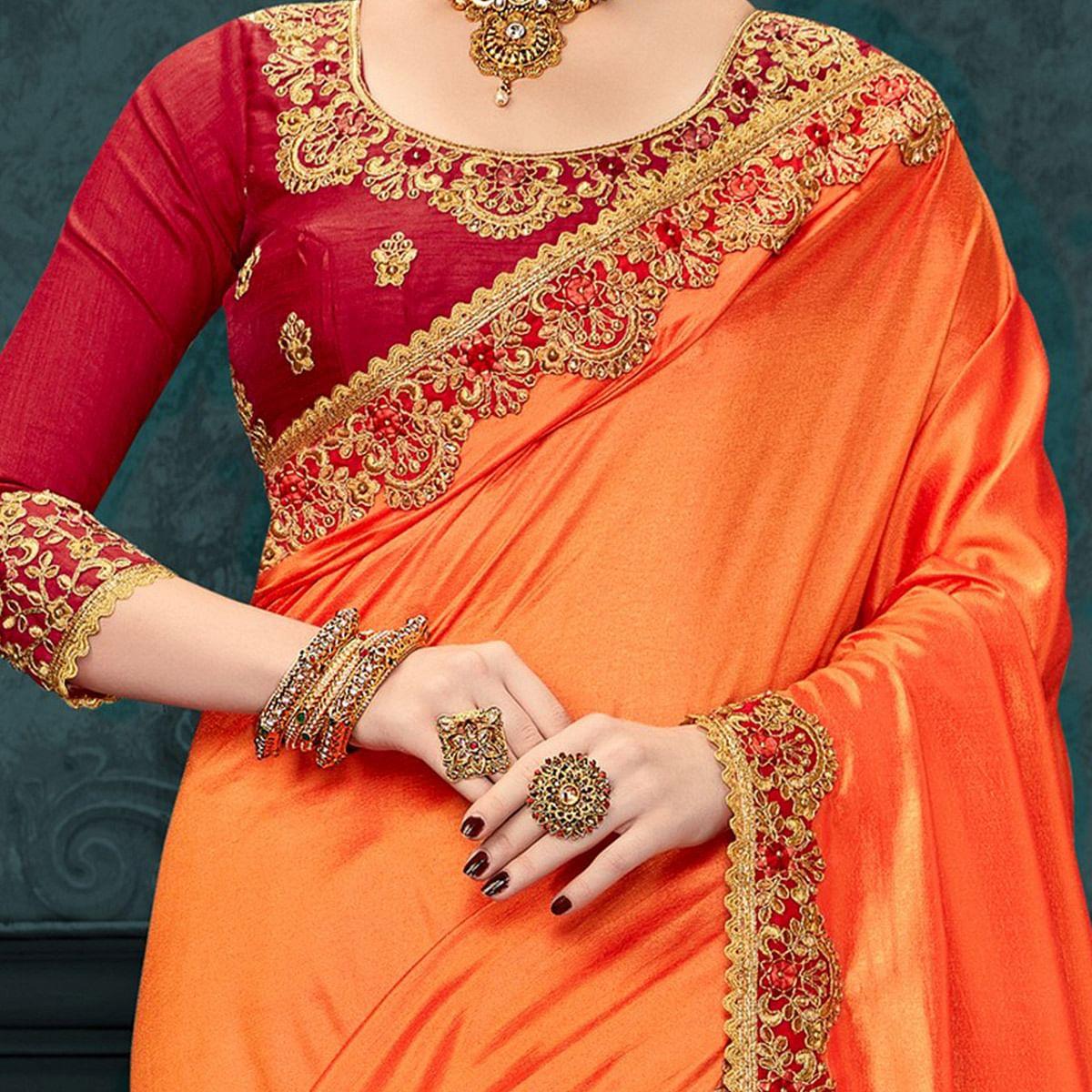 Orange Party Wear Heavy Border Work Silk Saree - Peachmode