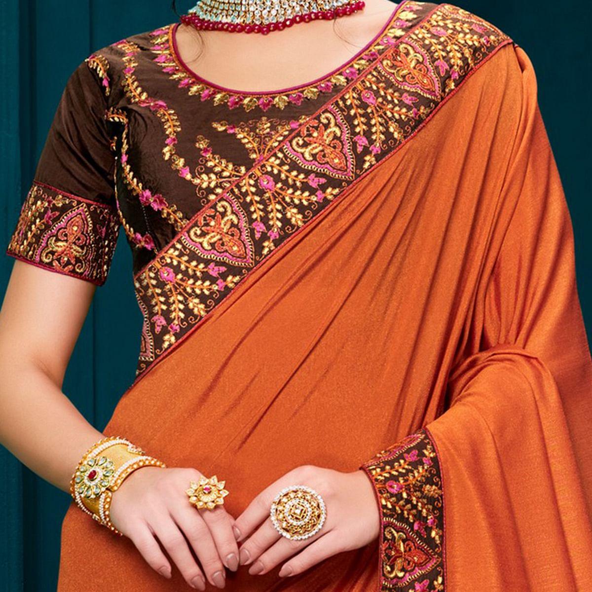 Orange Party Wear Heavy Embroidered Silk Saree - Peachmode