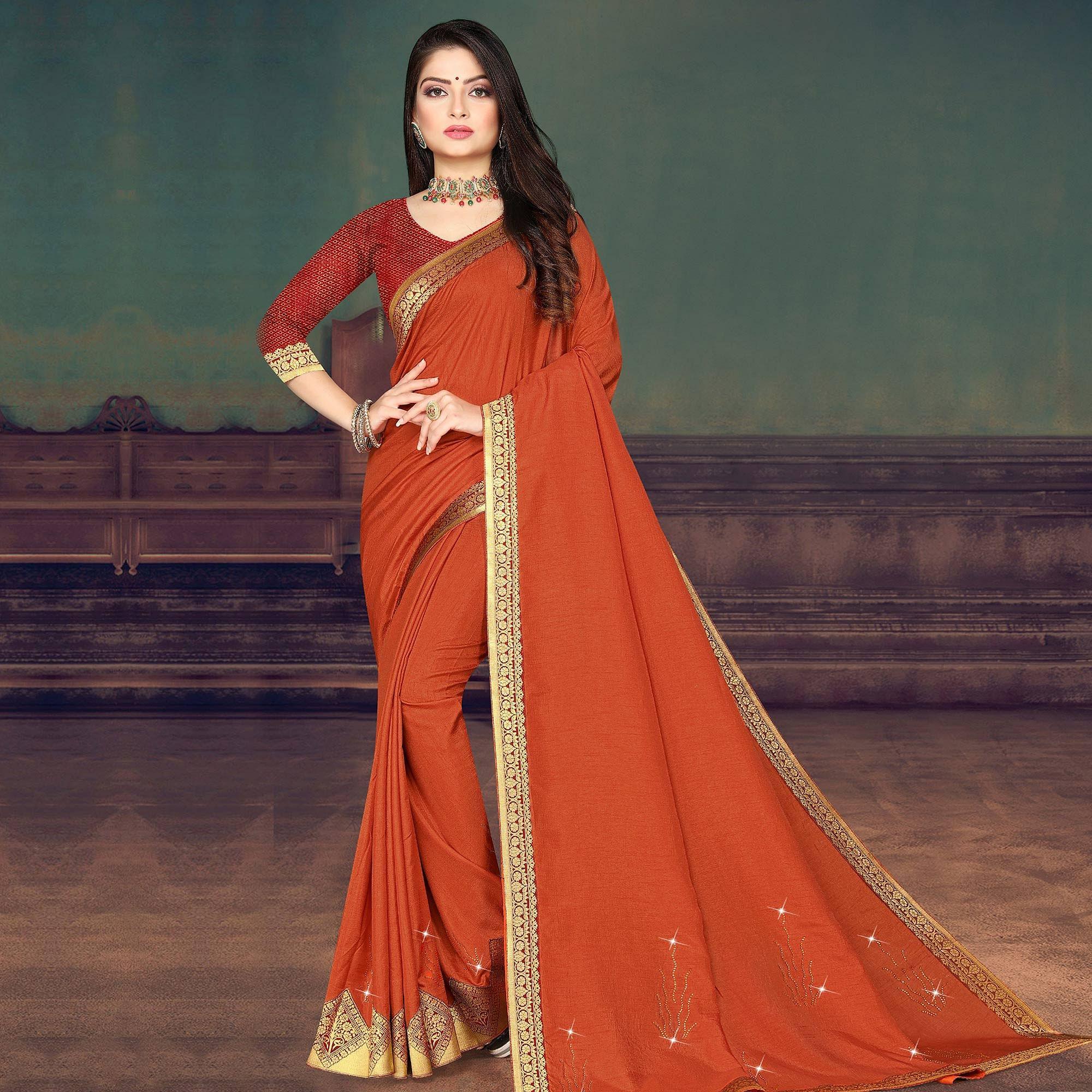Orange Party Wear Lace With Stone Work Silk Saree - Peachmode