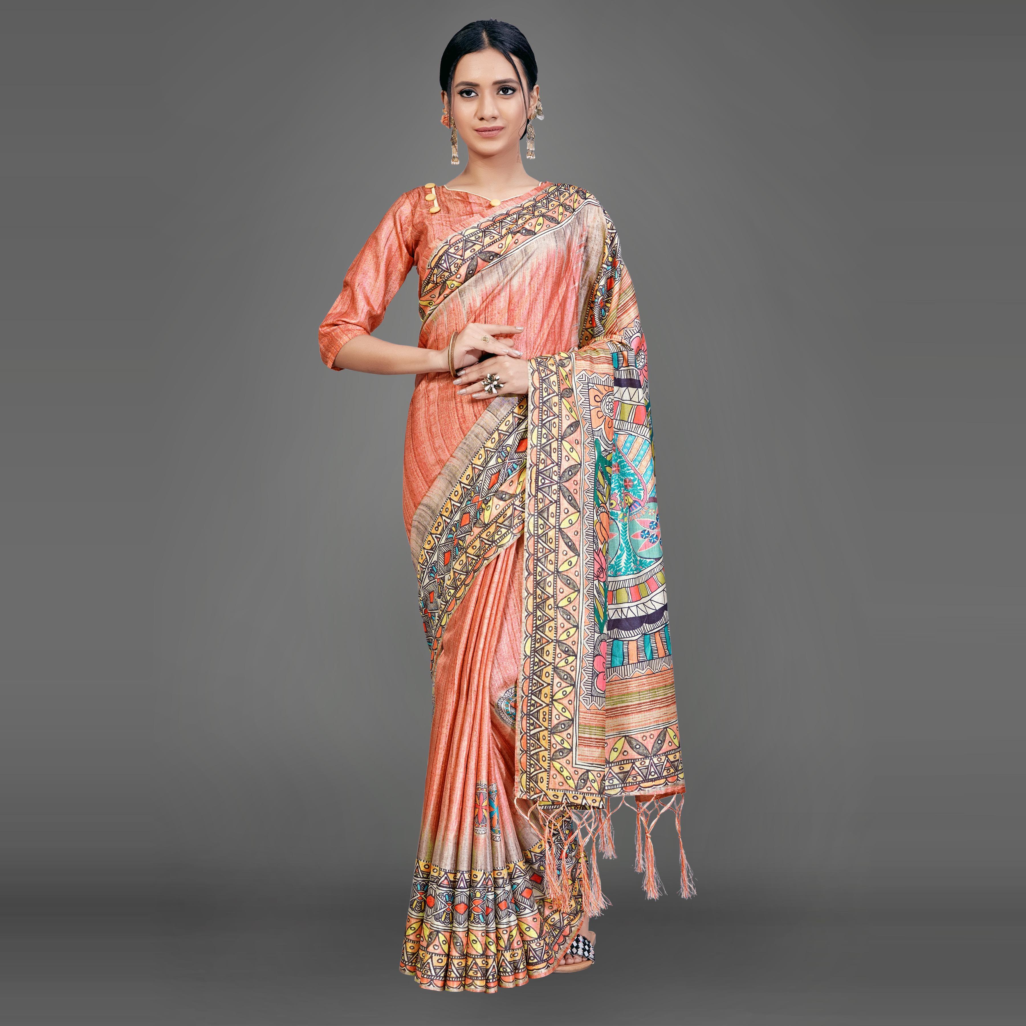 Orange Party Wear Silk Blend Geomatric Saree With Unstitched Blouse - Peachmode