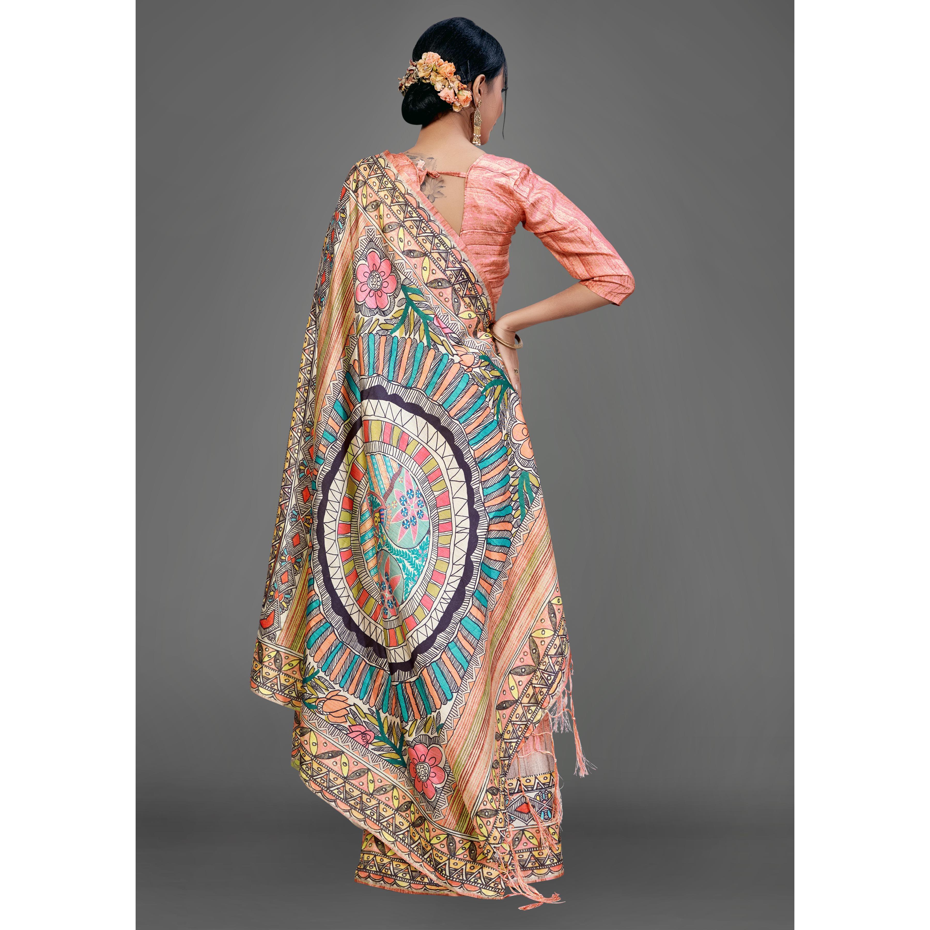 Orange Party Wear Silk Blend Geomatric Saree With Unstitched Blouse - Peachmode