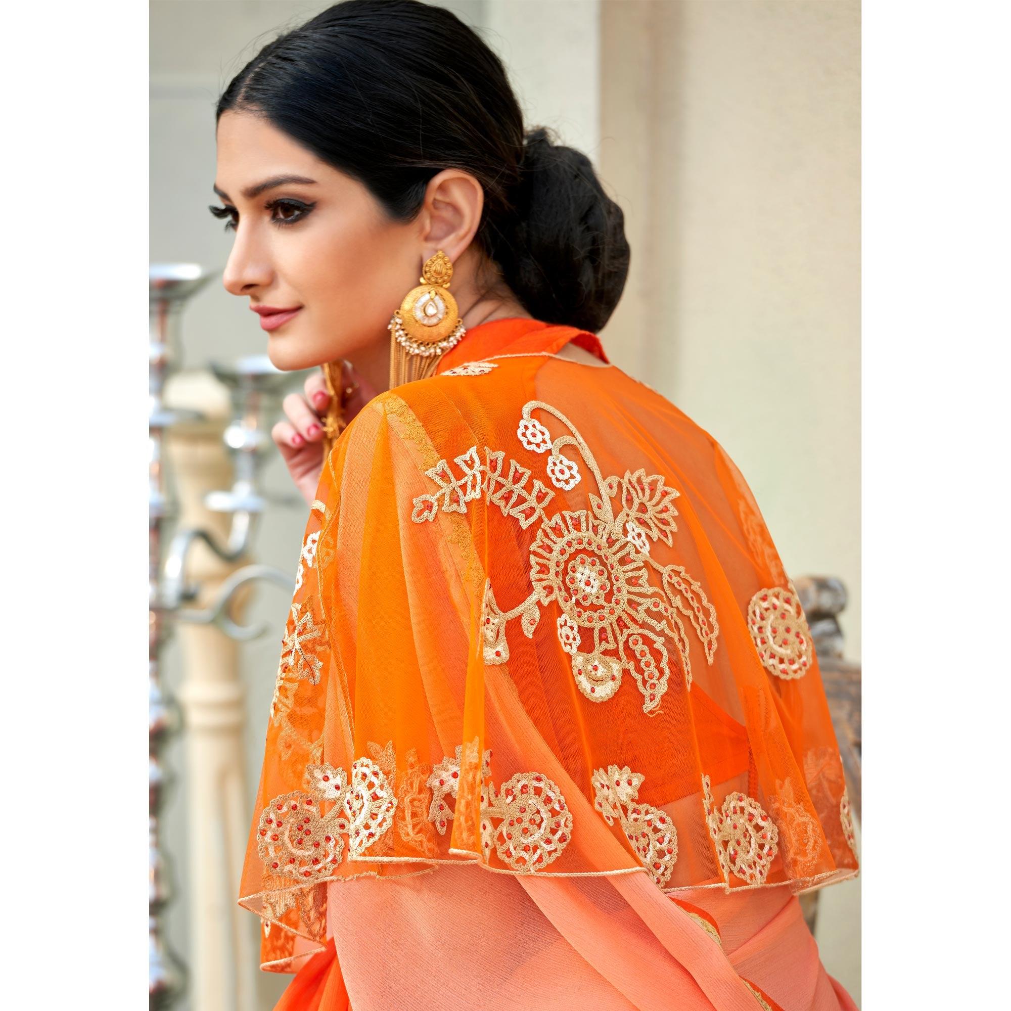 Orange Partywear Designer Embroidery Lace Border Cadbury Chiffon Saree - Peachmode