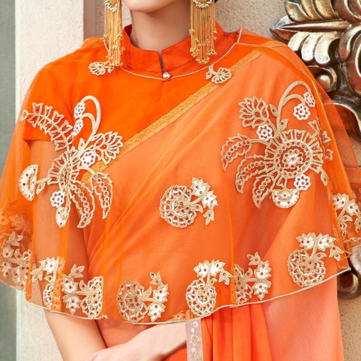 Orange Partywear Designer Embroidery Lace Border Cadbury Chiffon Saree - Peachmode
