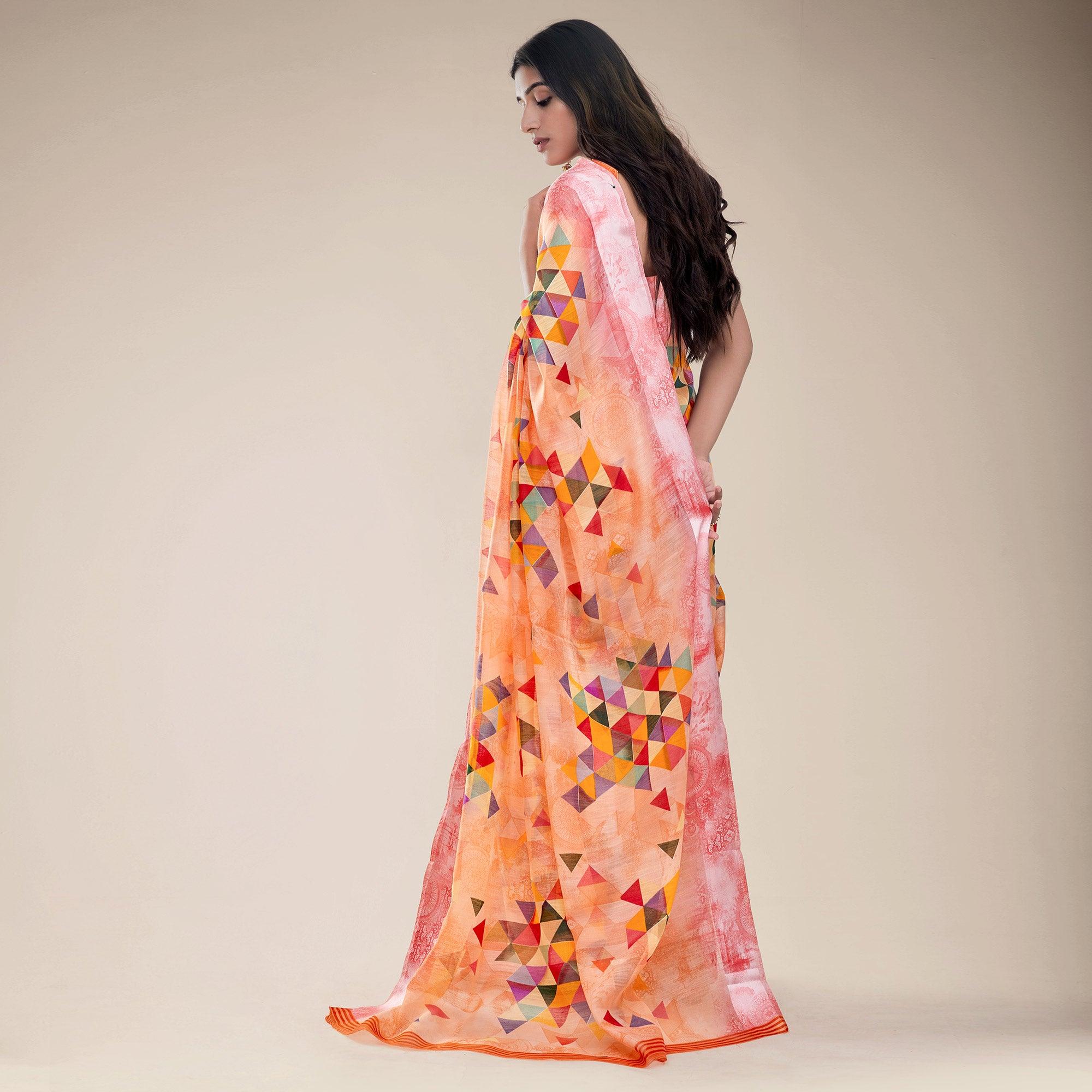 Orange Partywear Designer Geometric Printed Linen Saree - Peachmode