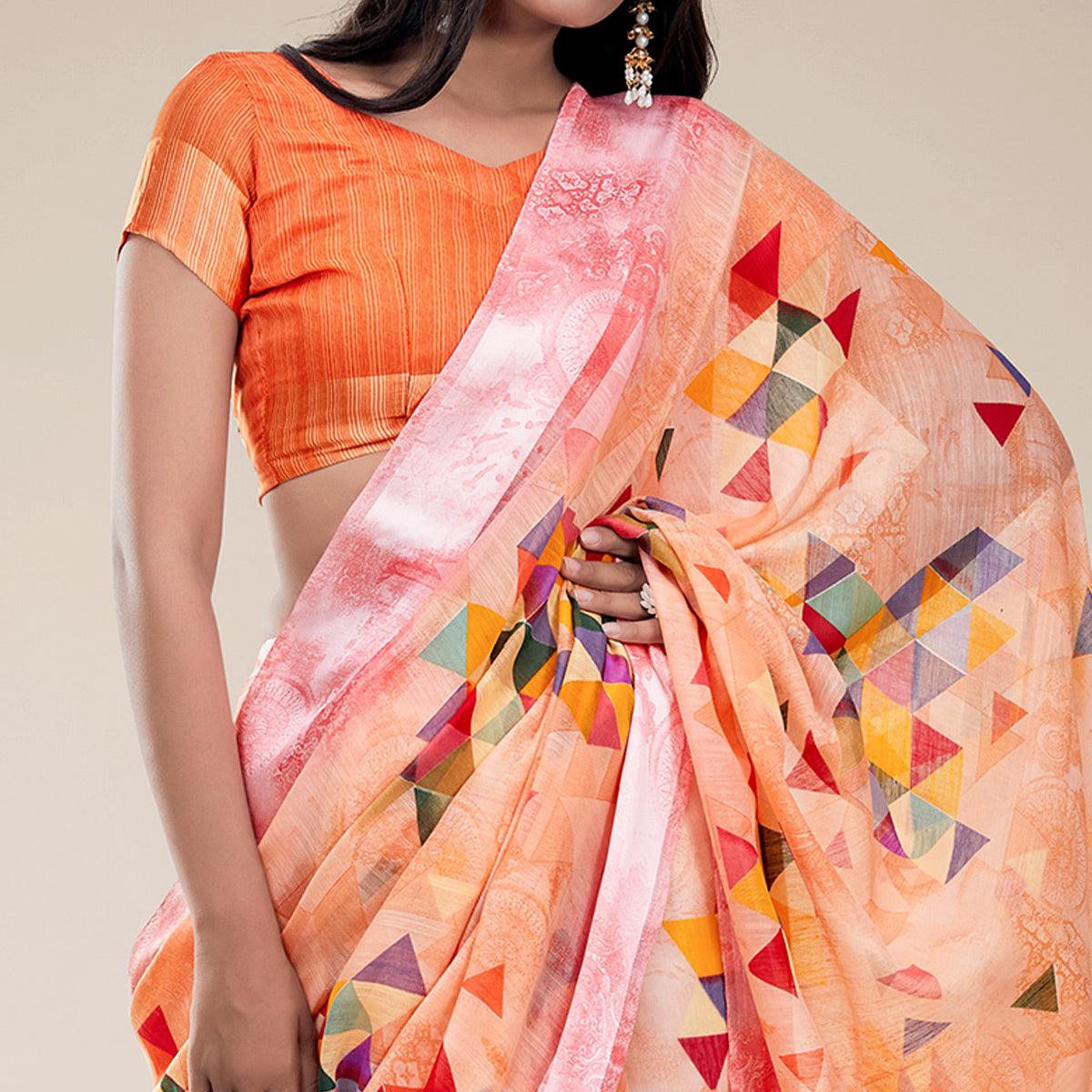 Orange Partywear Designer Geometric Printed Linen Saree - Peachmode