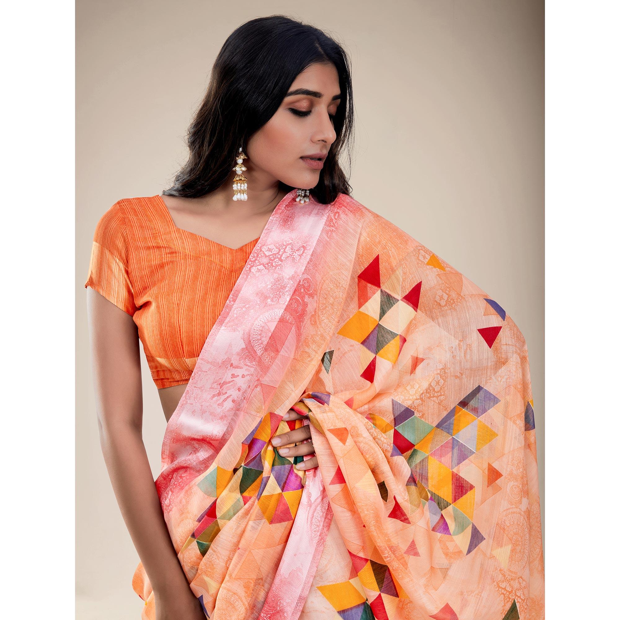 Orange Partywear Designer Geometric Printed Linen Saree - Peachmode