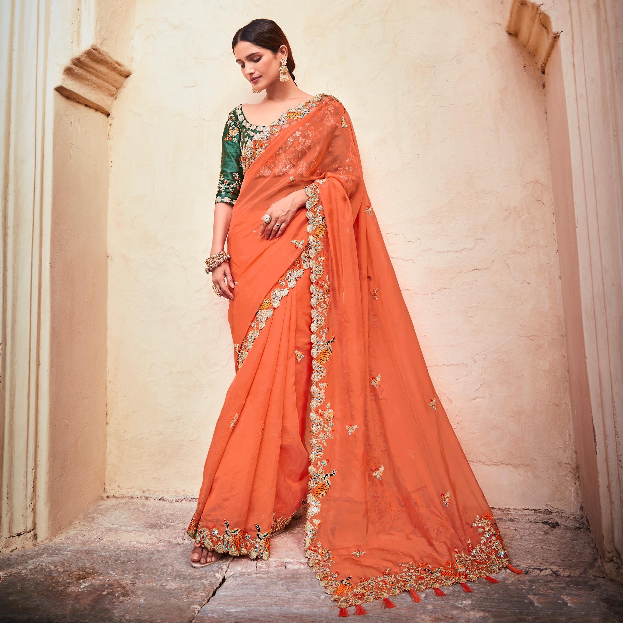 Orange Partywear Embellished Organza Saree - Peachmode