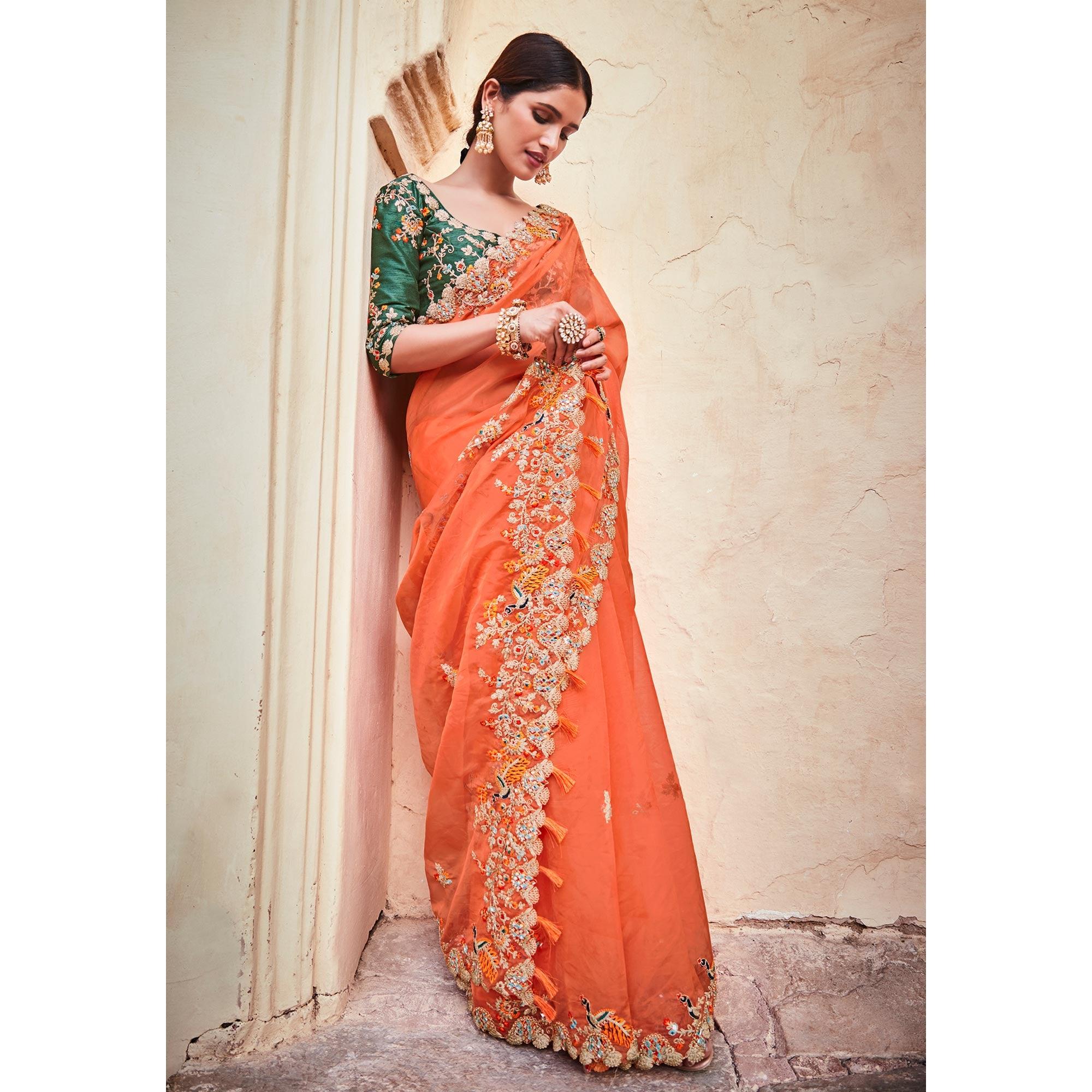 Orange Partywear Embellished Organza Saree - Peachmode