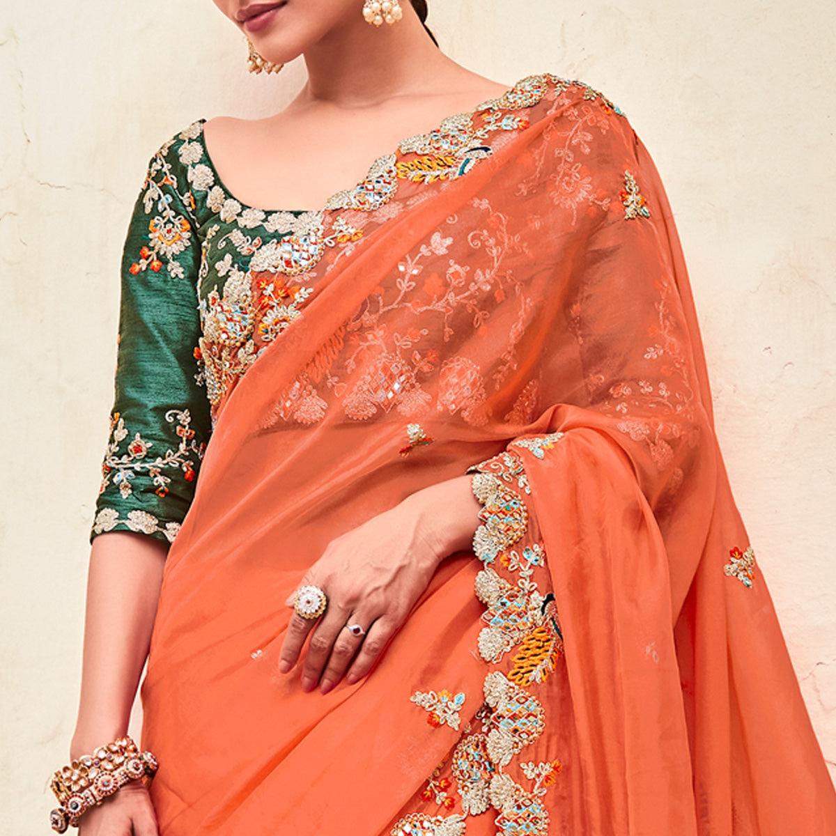 Orange Partywear Embellished Organza Saree - Peachmode