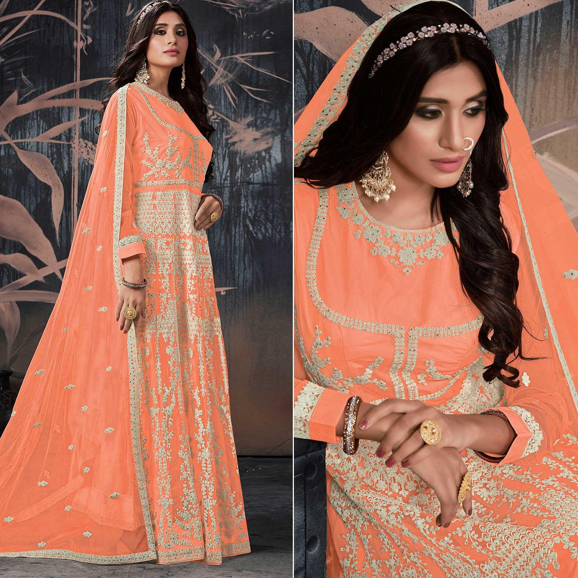 Orange Partywear Embellished With Embroidered Net Gown - Peachmode