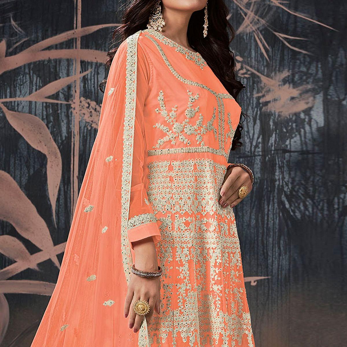 Orange Partywear Embellished With Embroidered Net Gown - Peachmode
