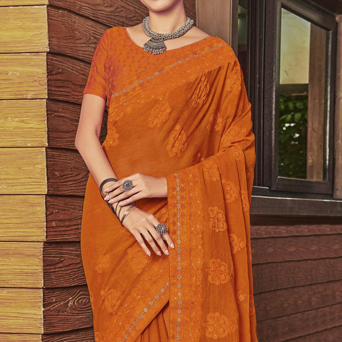 Orange Partywear Embroidered Chiffon Saree - Peachmode