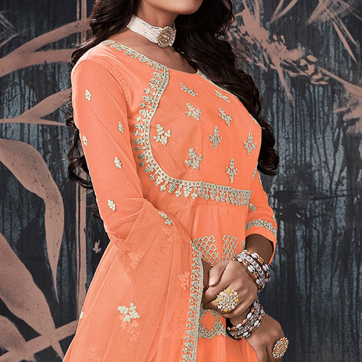 Orange Partywear Embroidery With Embellished Net Gown - Peachmode