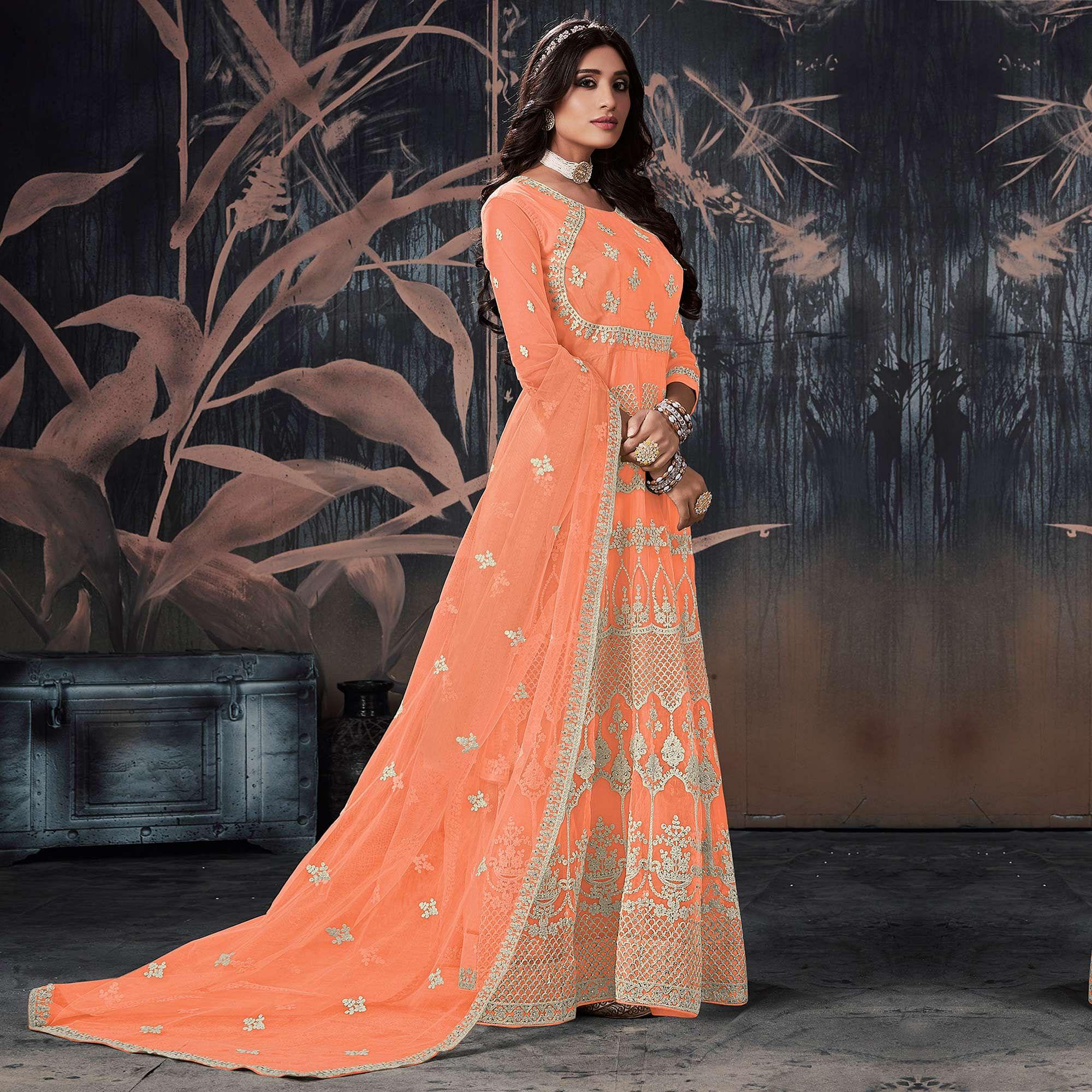Orange Partywear Embroidery With Embellished Net Gown - Peachmode