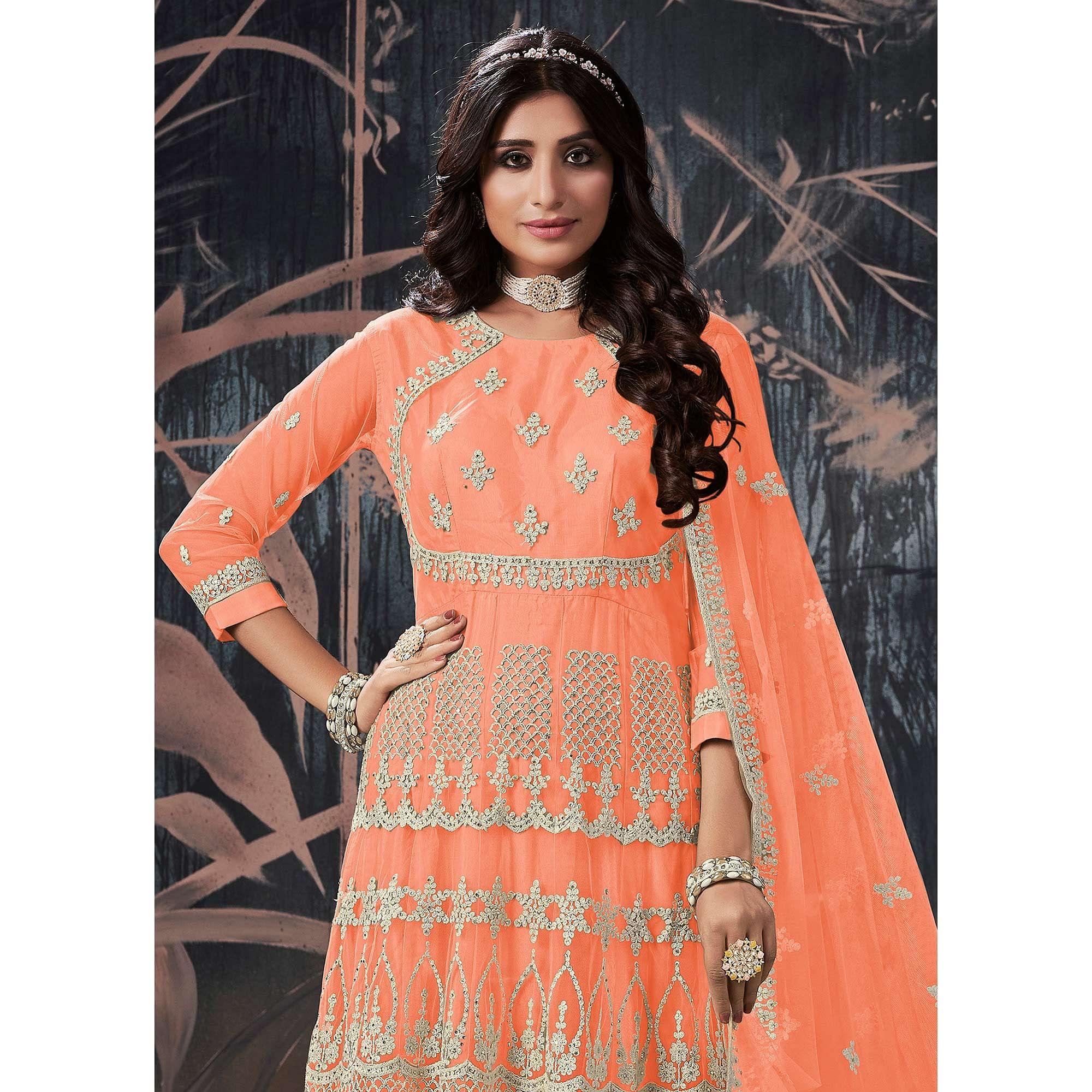 Orange Partywear Embroidery With Embellished Net Gown - Peachmode