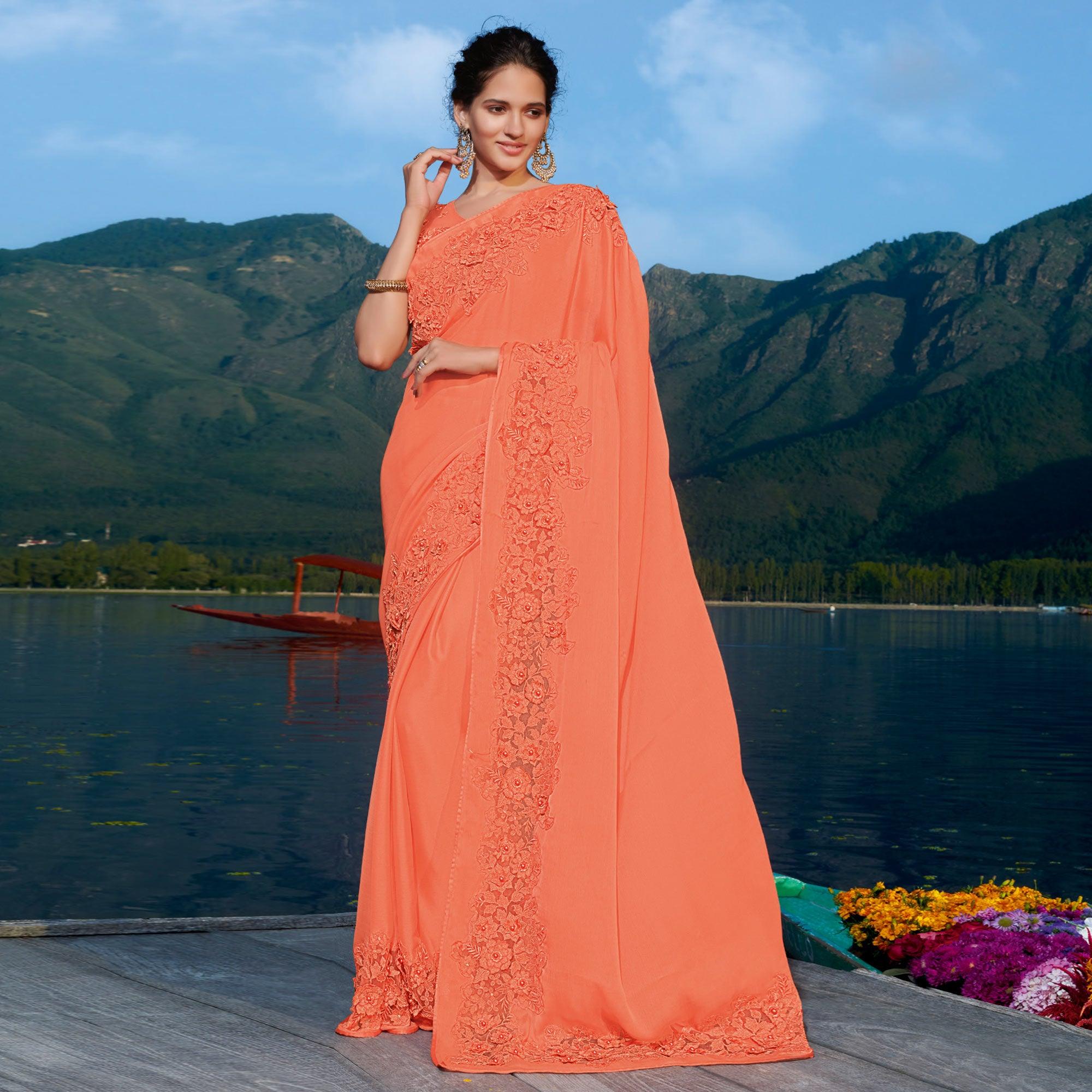 Orange Partywear Floral Embroidered Chiffon Saree - Peachmode